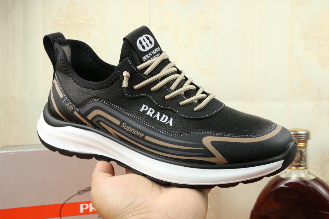 PRA SNEAKER IN BLACK MIX GOLD CALFSKIN AND BREATHABLE MESH