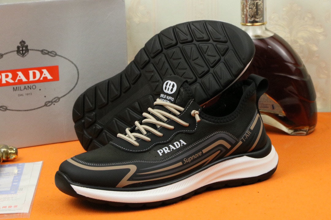 PRA SNEAKER IN BLACK MIX GOLD CALFSKIN AND BREATHABLE MESH