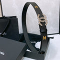 CC BELT 30 MM IN BLACK CALFSKIN PEARL LOGO WITH GOLD HARDWARE
