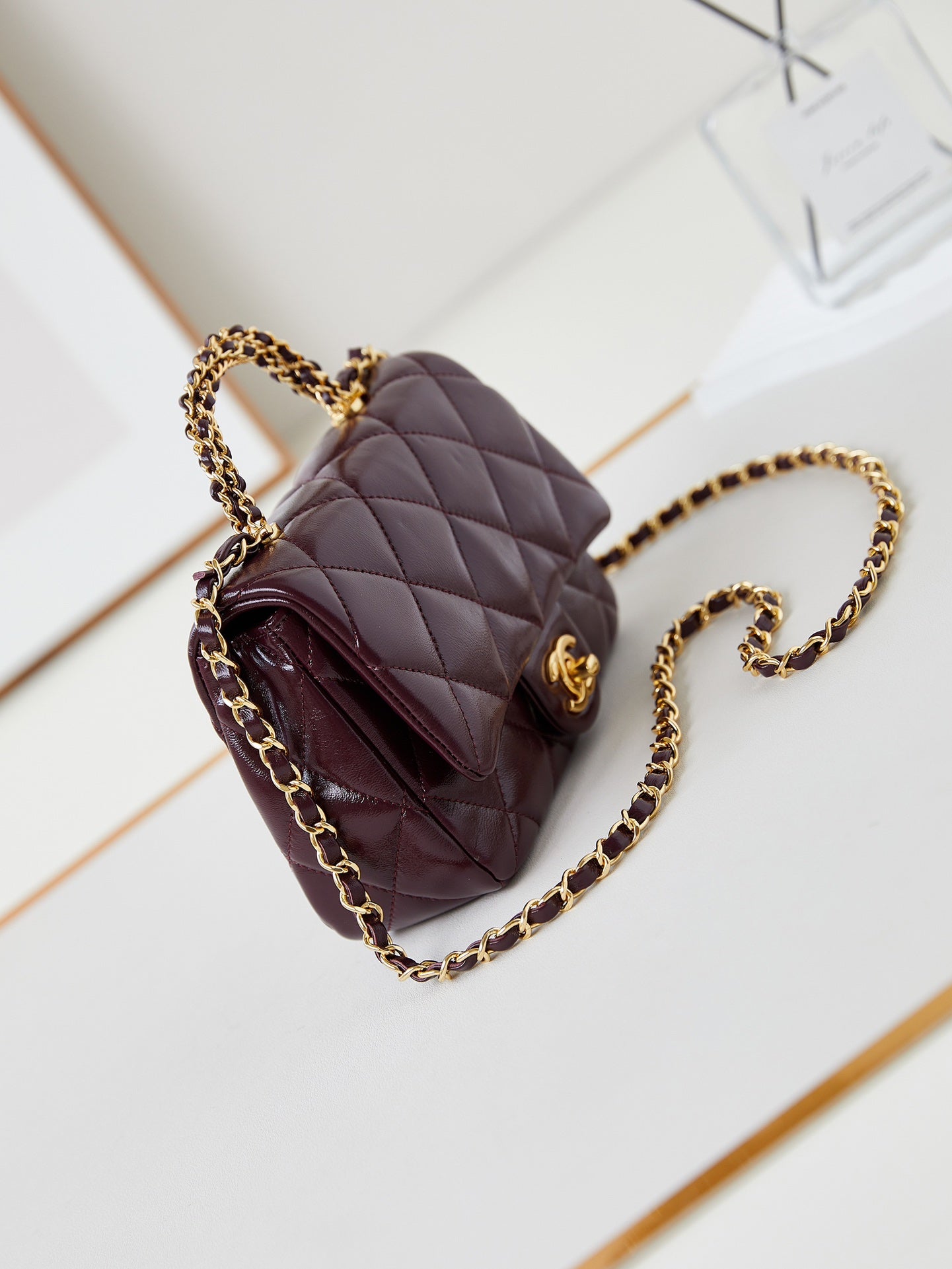 FLAP BAG WITH TOP HANDLE 18 IN WINE RED OIL-WAX LAMBSKIN GOLD HARDWARE