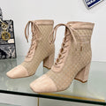 NAUGHTILY-D HEELED ANKLE BOOT IN BISQUE BEIGE EMBROIDERED MESH AND SUEDE 8 CM
