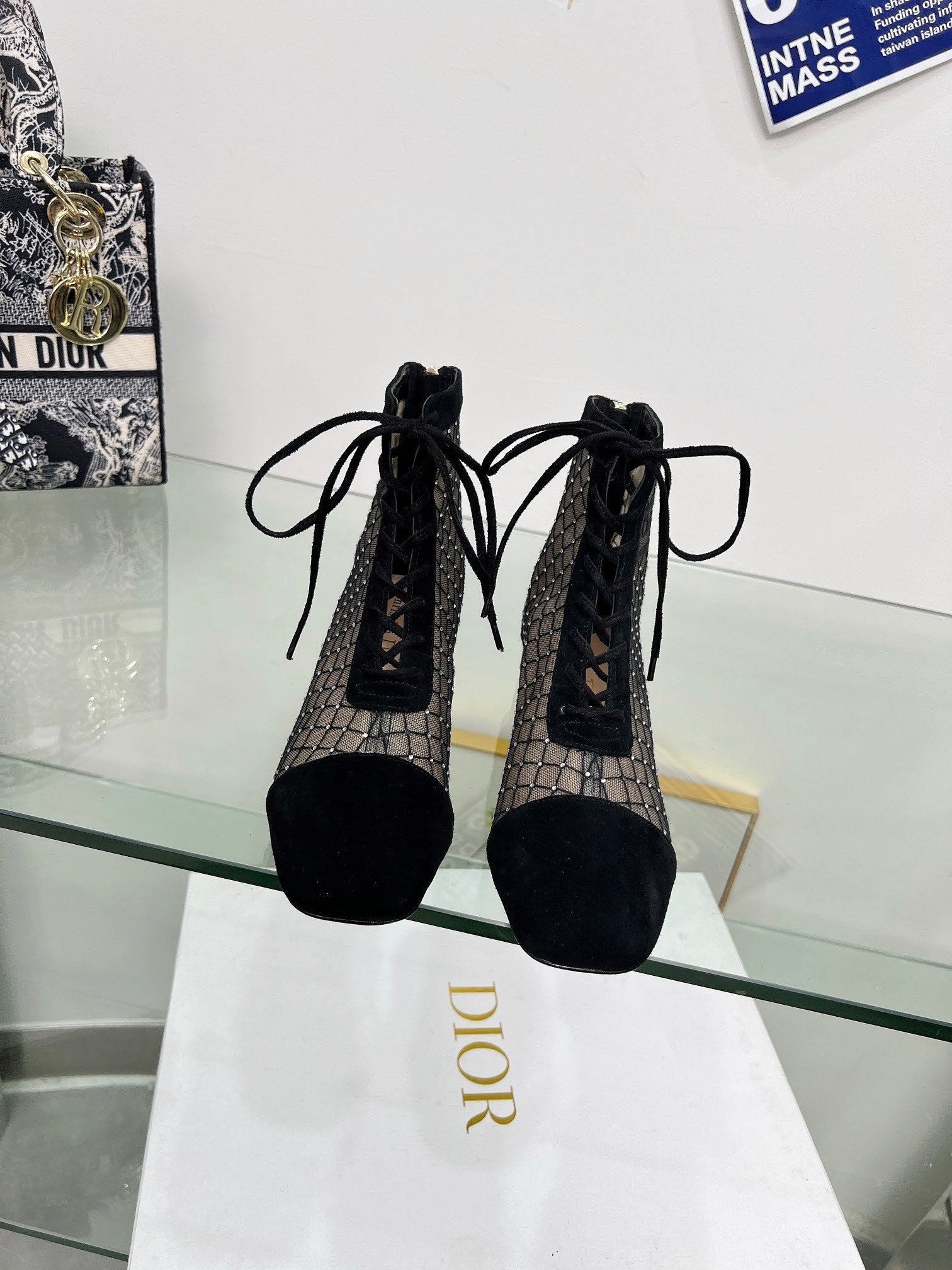 NAUGHTILY-D HEELED ANKLE BOOT IN BLACK EMBROIDERED MESH AND SUEDE 35 MM