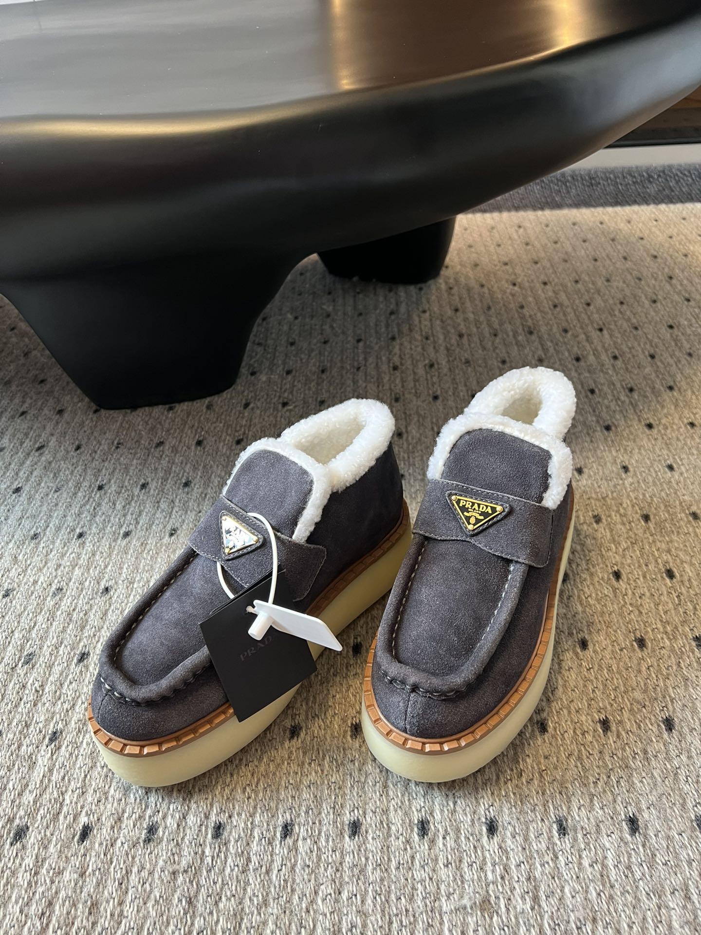 PRADA WHITE SHEARLING LOAFERS IN GREY SUEDE