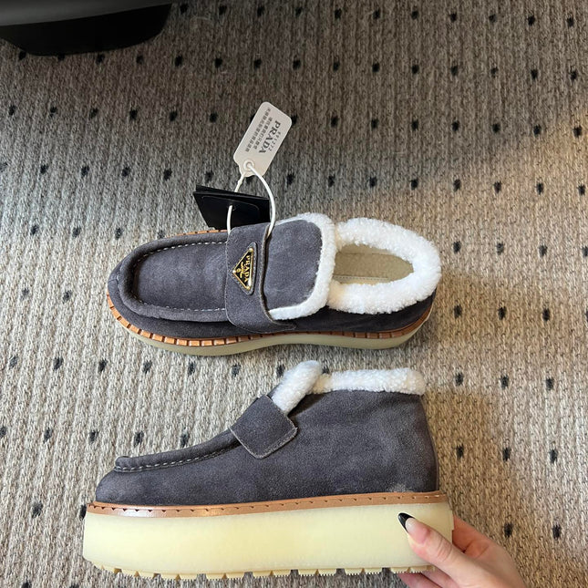 PRADA WHITE SHEARLING LOAFERS IN GREY SUEDE