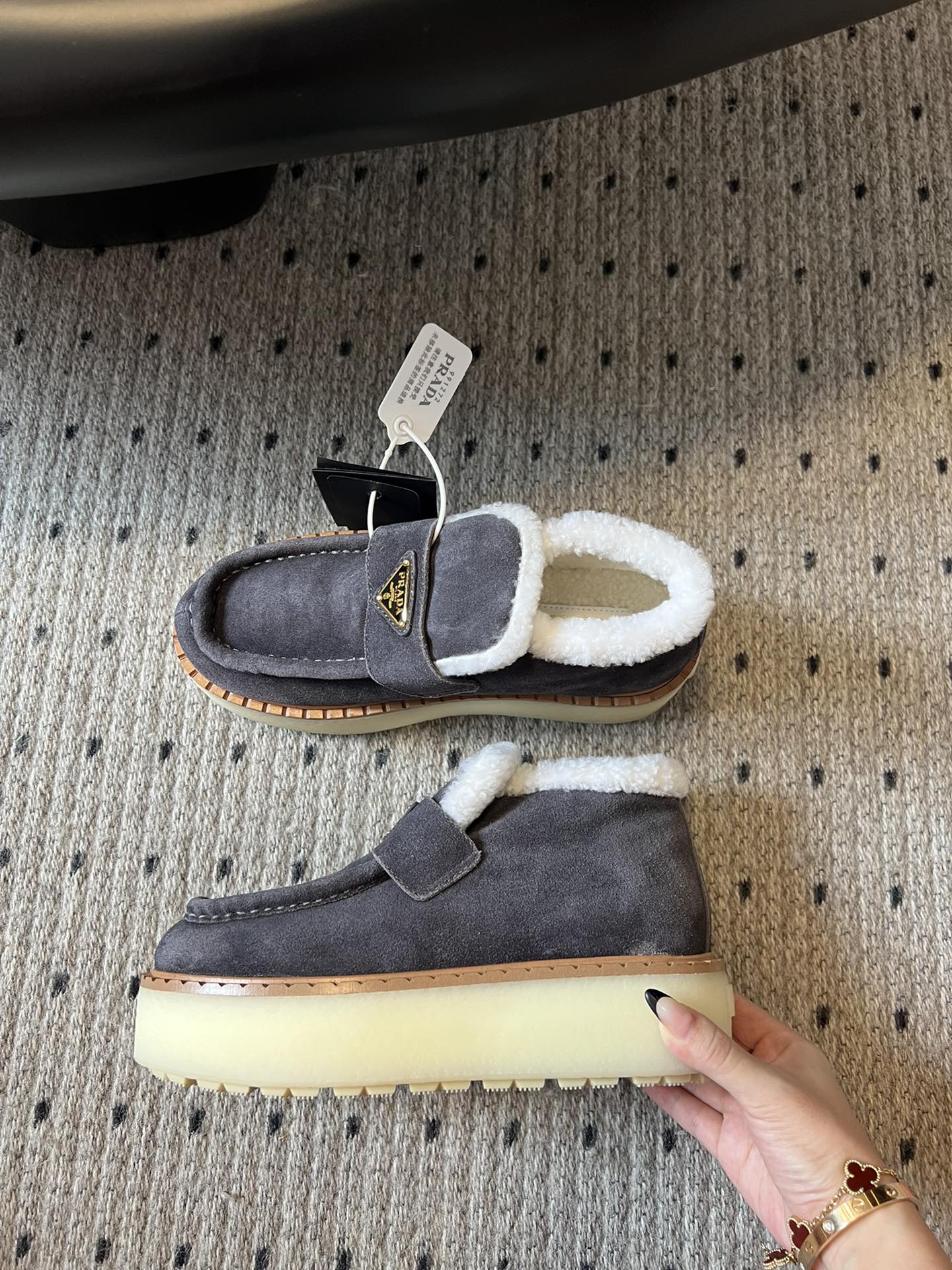 PRADA WHITE SHEARLING LOAFERS IN GREY SUEDE