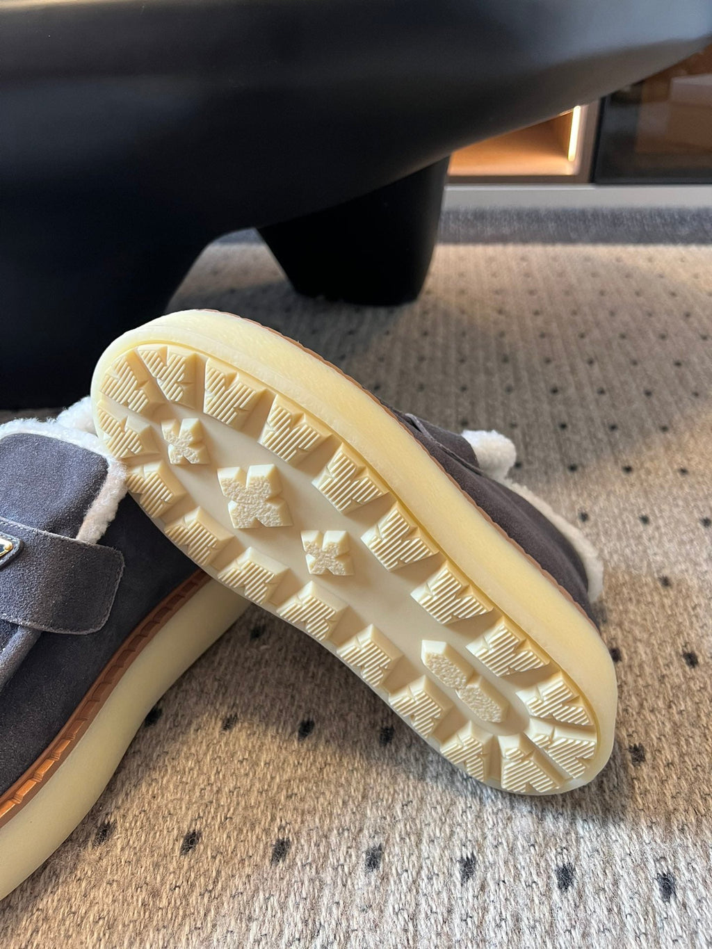 PRADA WHITE SHEARLING LOAFERS IN GREY SUEDE