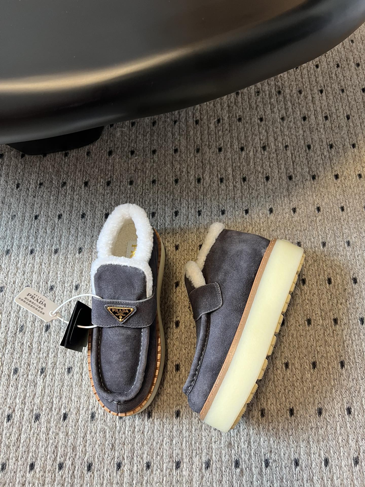 PRADA WHITE SHEARLING LOAFERS IN GREY SUEDE