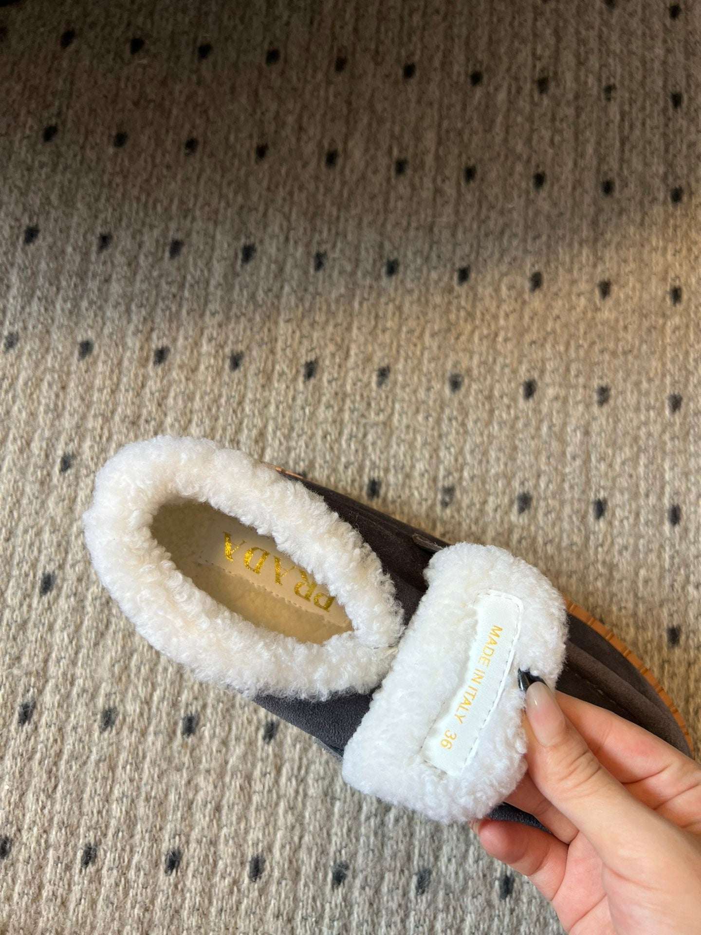 PRADA WHITE SHEARLING LOAFERS IN GREY SUEDE