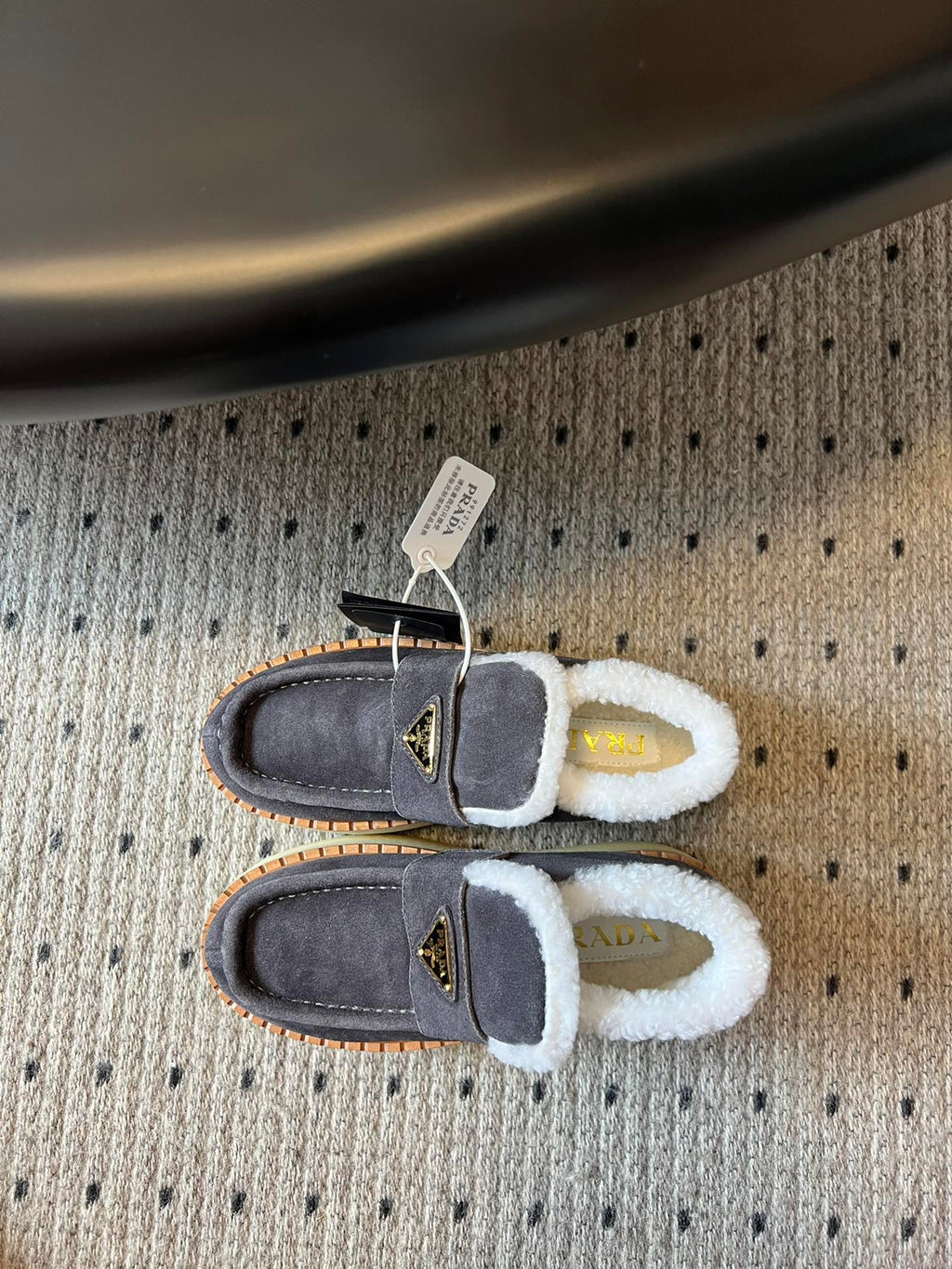 PRADA WHITE SHEARLING LOAFERS IN GREY SUEDE