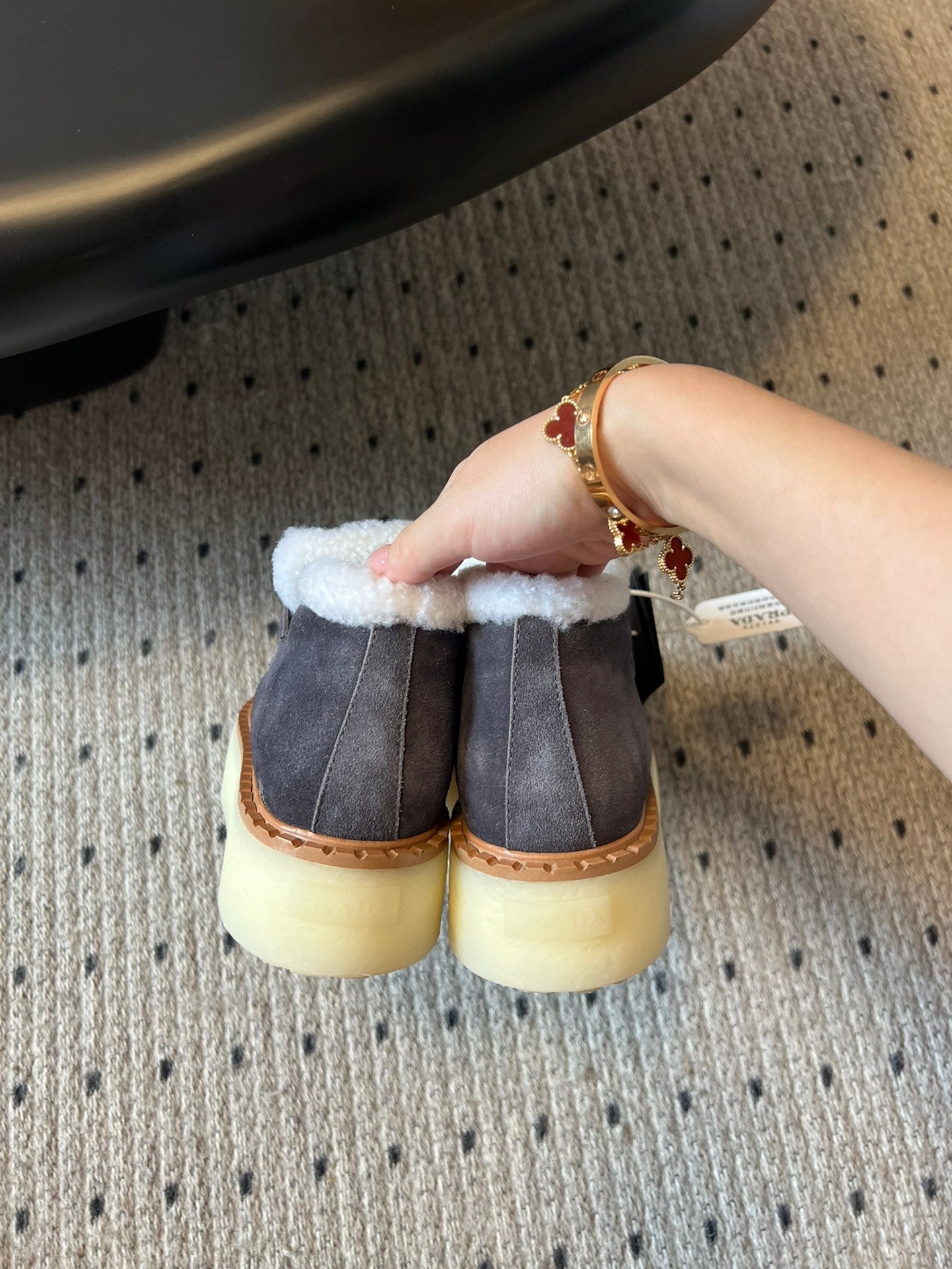PRADA WHITE SHEARLING LOAFERS IN GREY SUEDE