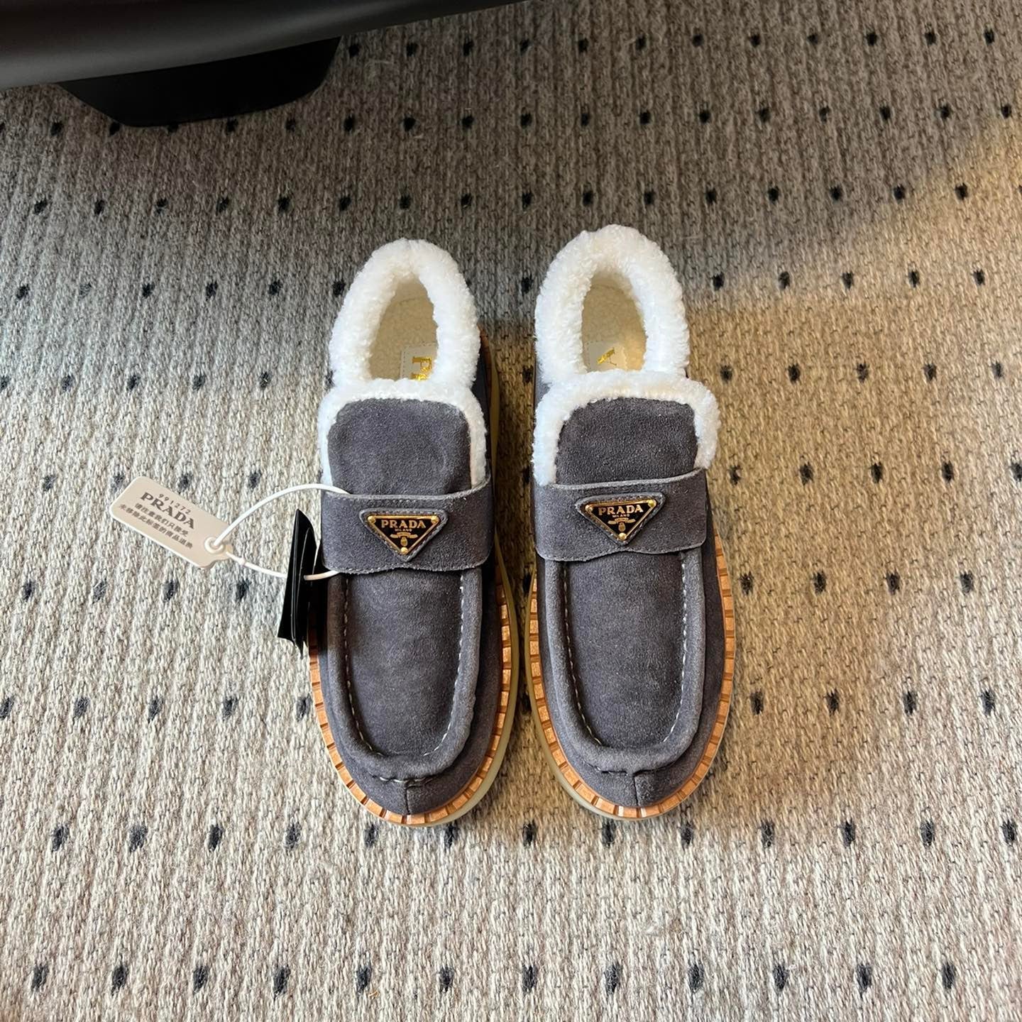 PRADA WHITE SHEARLING LOAFERS IN GREY SUEDE
