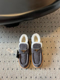 PRADA WHITE SHEARLING LOAFERS IN GREY SUEDE