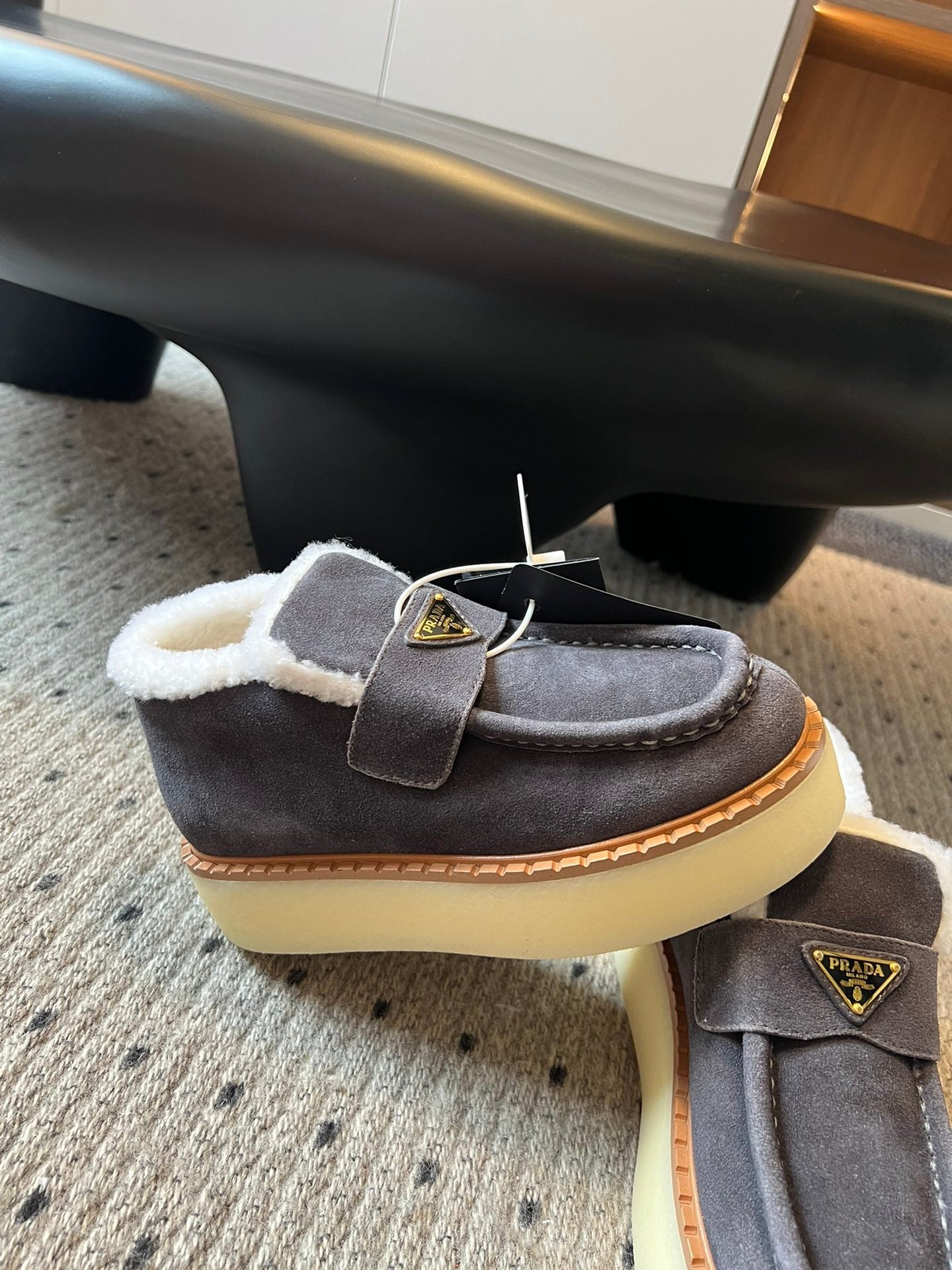 PRADA WHITE SHEARLING LOAFERS IN GREY SUEDE