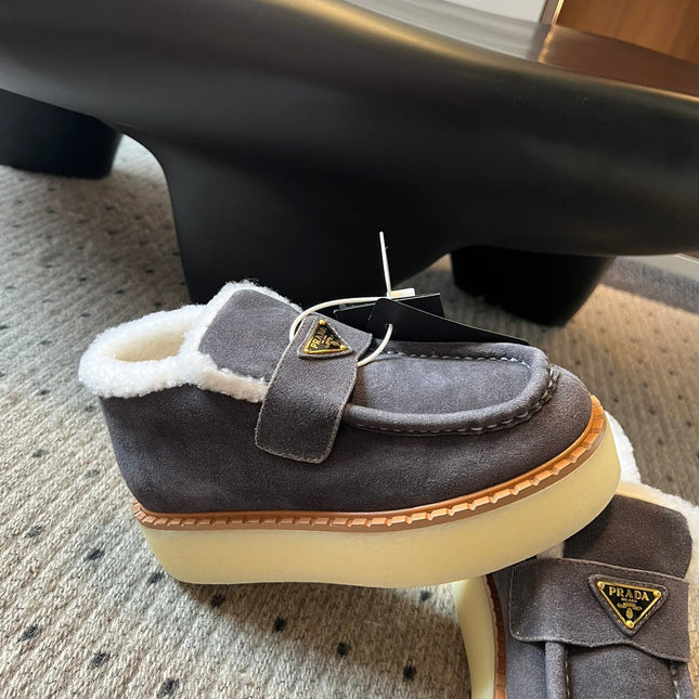 PRADA WHITE SHEARLING LOAFERS IN GREY SUEDE