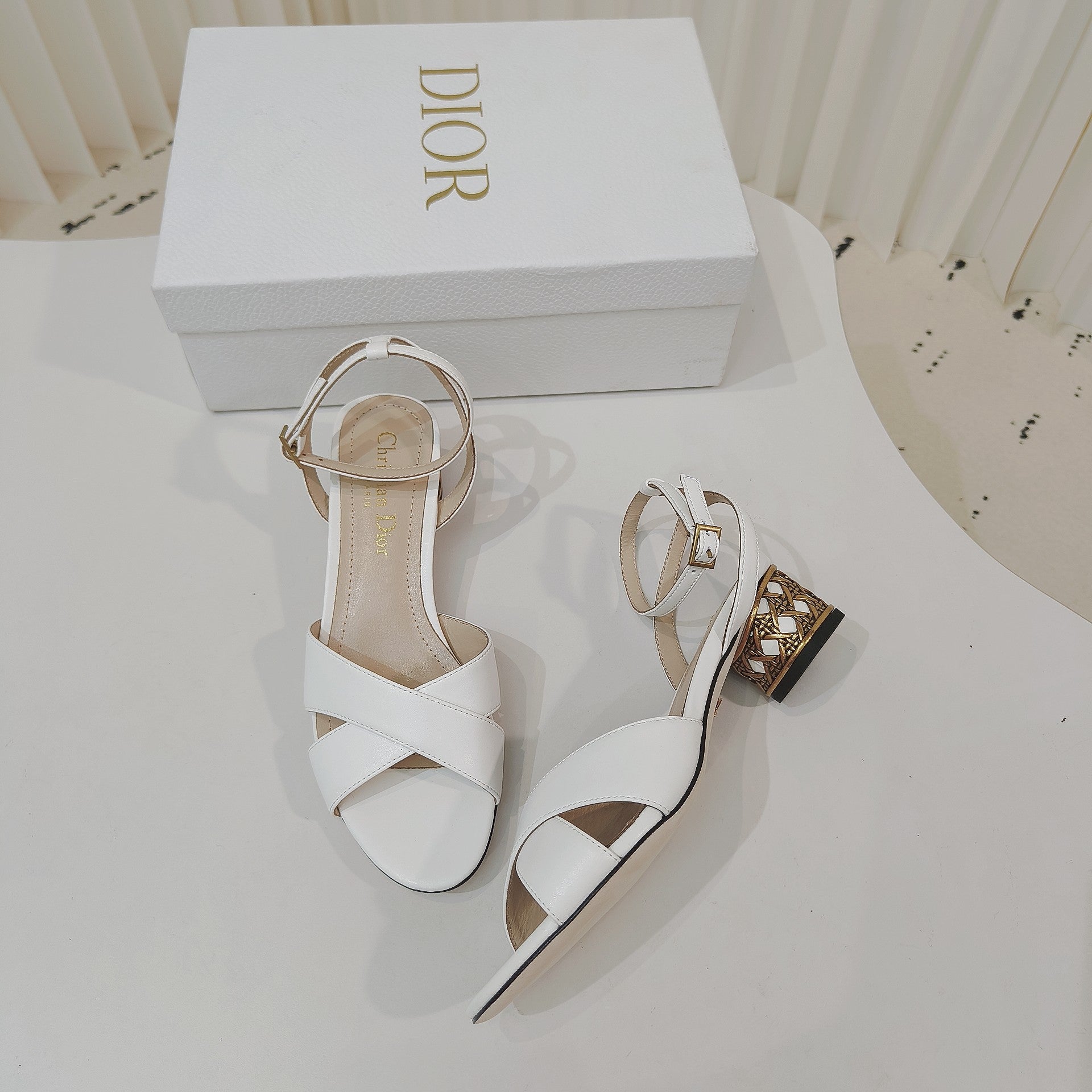 DIOR 26S METALLIC-HEEL SANDALS 40 MM IN WHITE LAMBSKIN