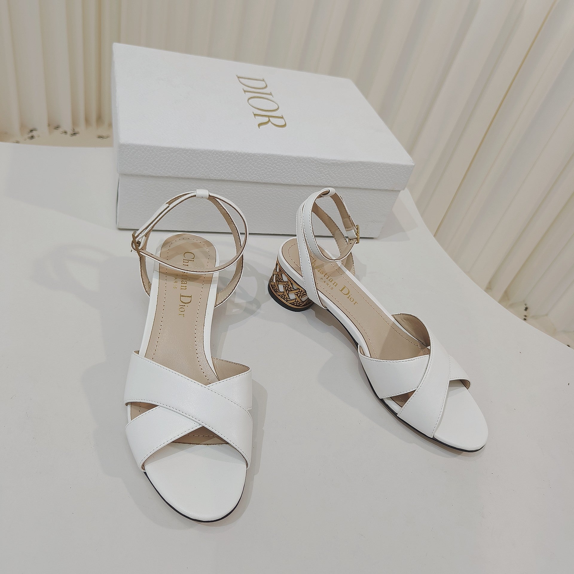 DIOR 26S METALLIC-HEEL SANDALS 40 MM IN WHITE LAMBSKIN