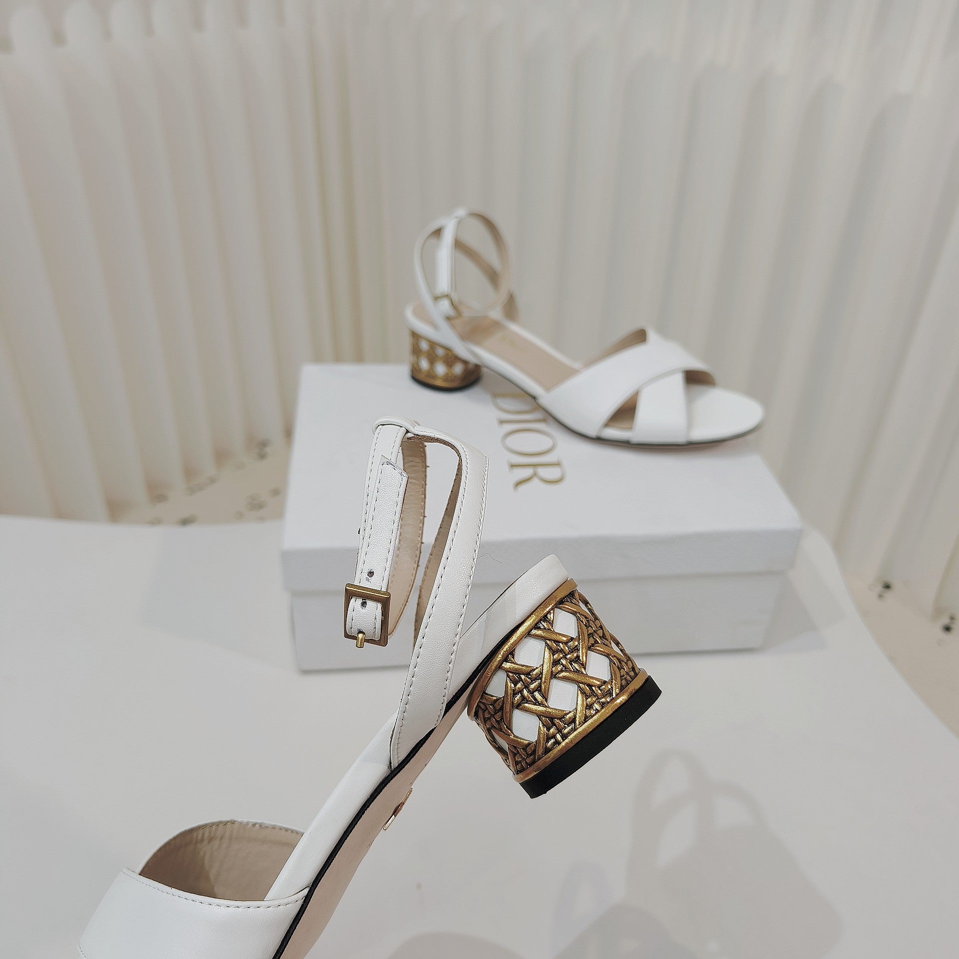 DIOR 26S METALLIC-HEEL SANDALS 40 MM IN WHITE LAMBSKIN