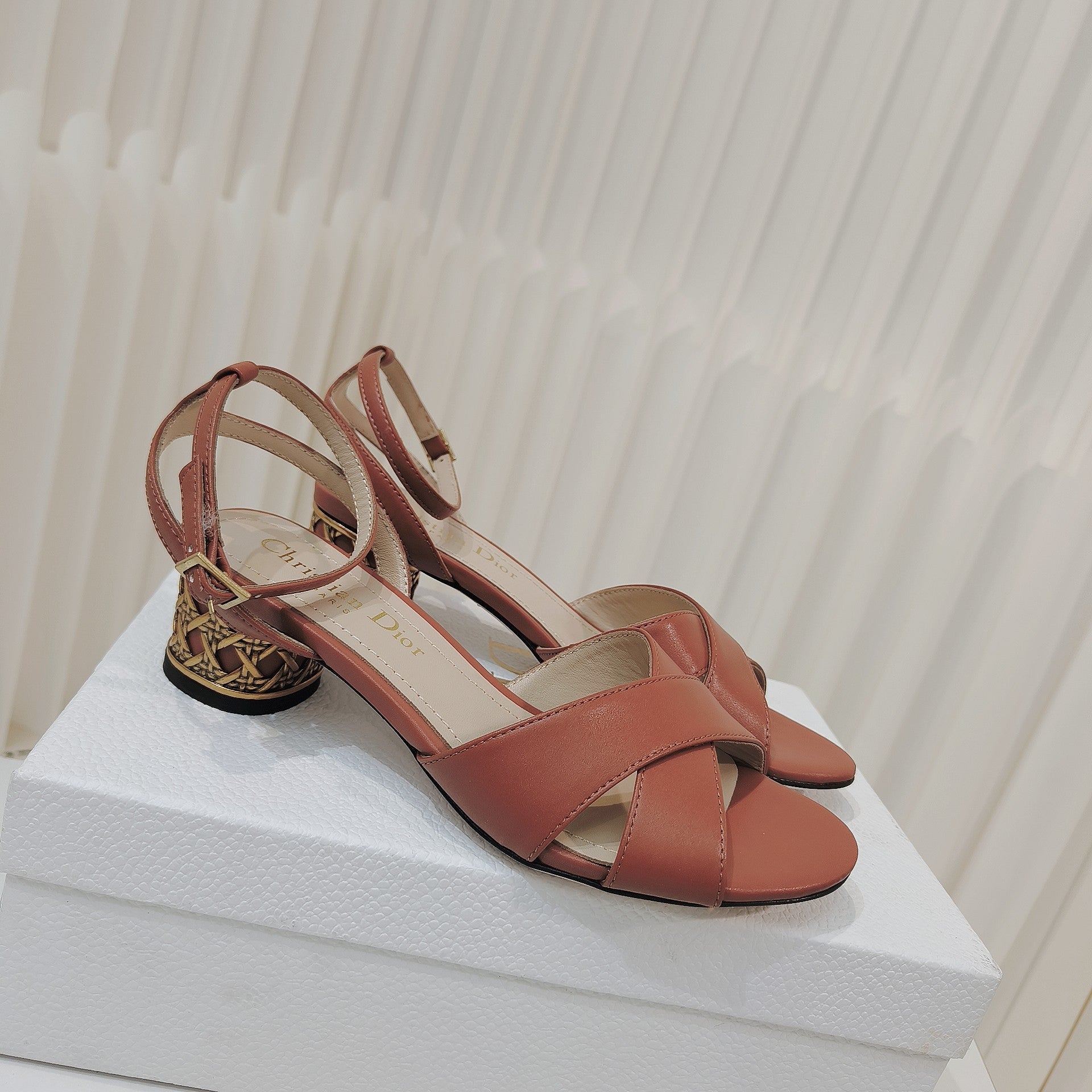 DIOR 26S METALLIC-HEEL SANDALS 40 MM IN BURNT ORANGE LAMBSKIN