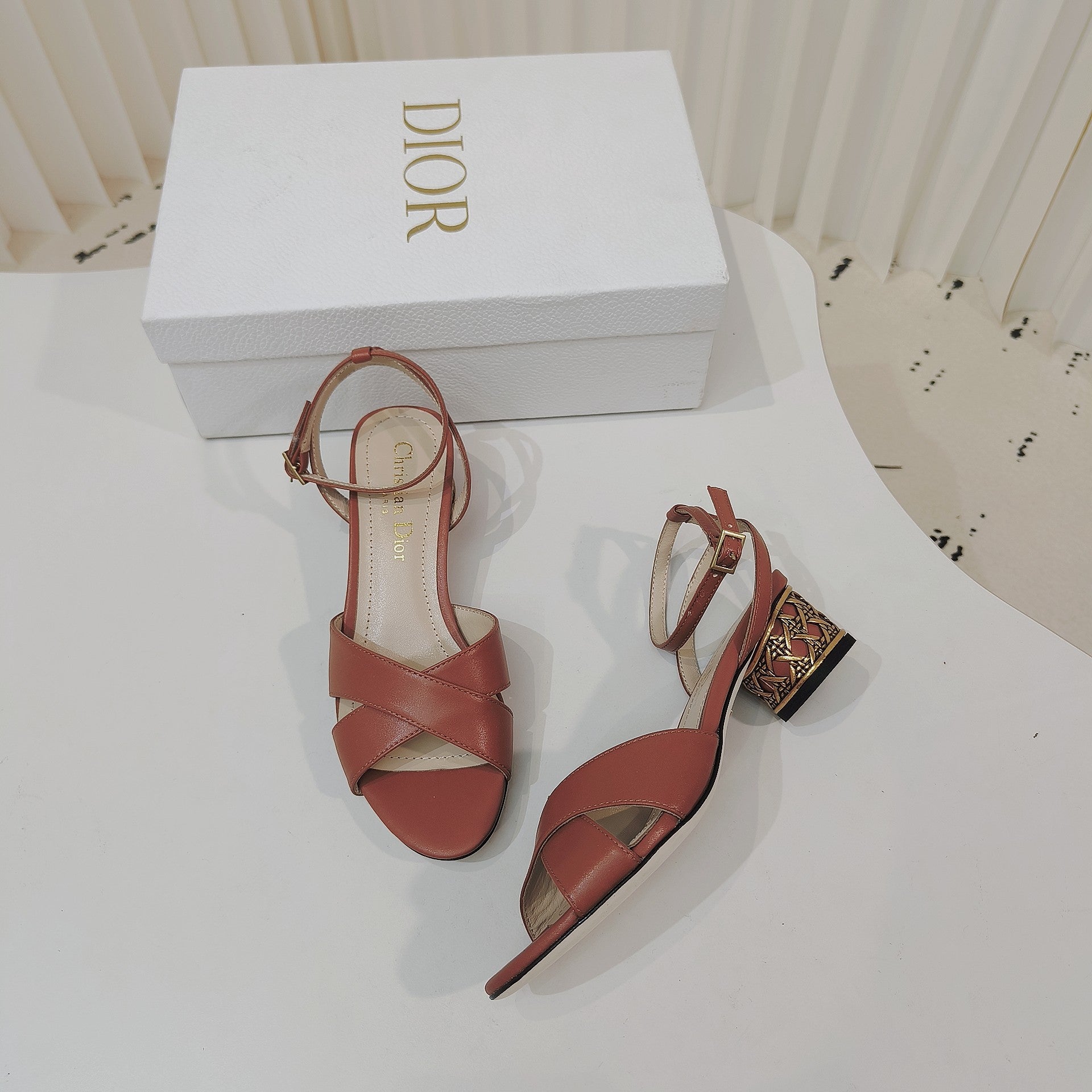 DIOR 26S METALLIC-HEEL SANDALS 40 MM IN BURNT ORANGE LAMBSKIN