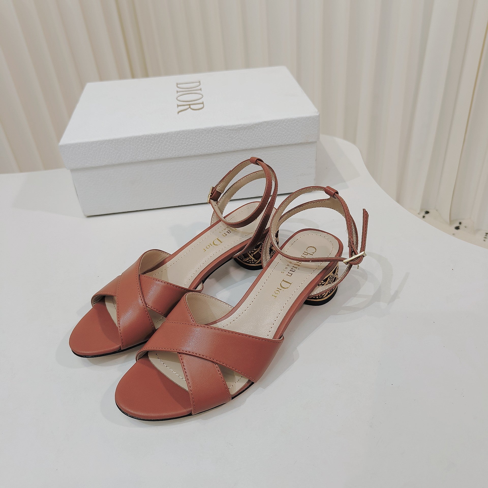 DIOR 26S METALLIC-HEEL SANDALS 40 MM IN BURNT ORANGE LAMBSKIN