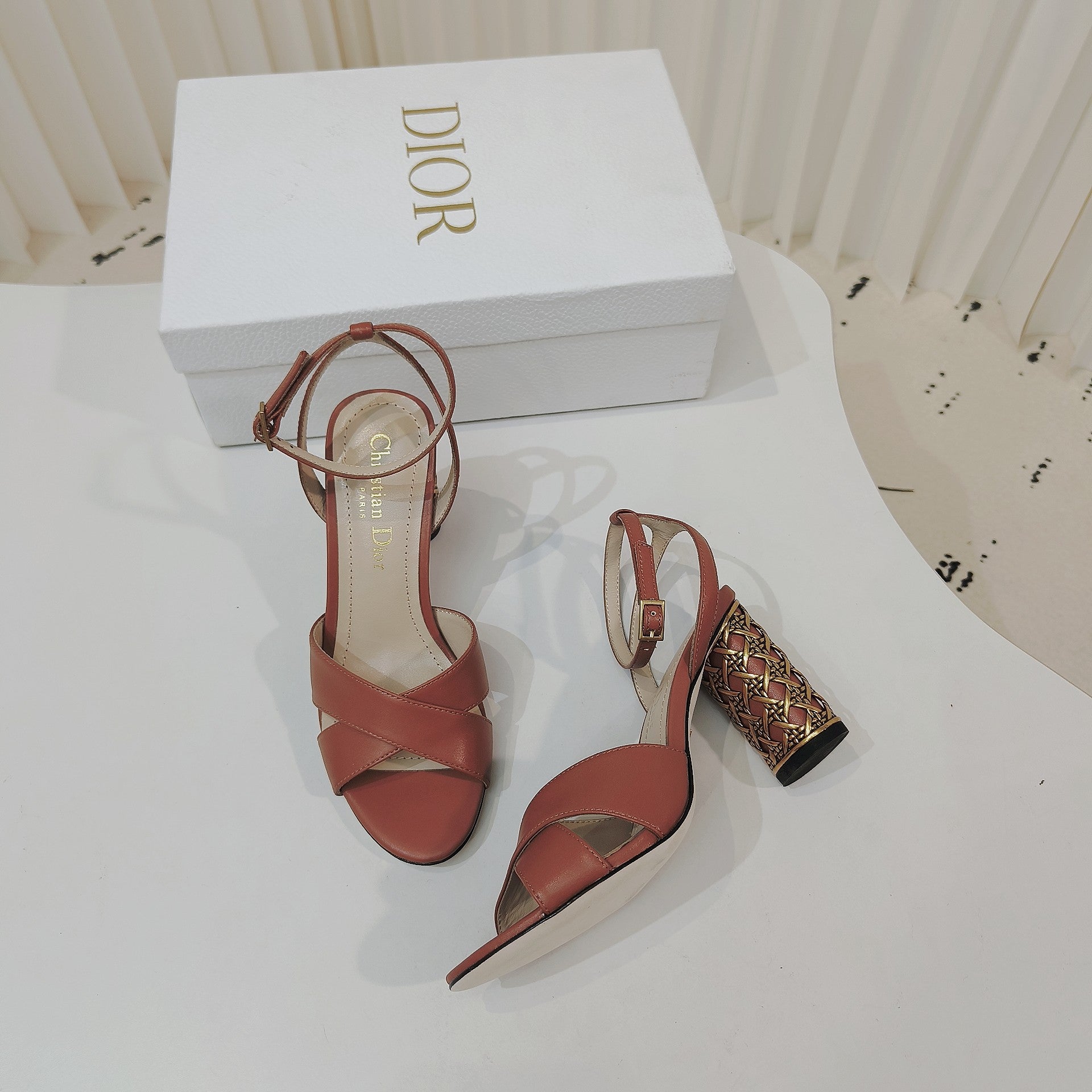 DIOR 26S METALLIC-HEEL SANDALS 80 MM IN BURNT ORANGE LAMBSKIN