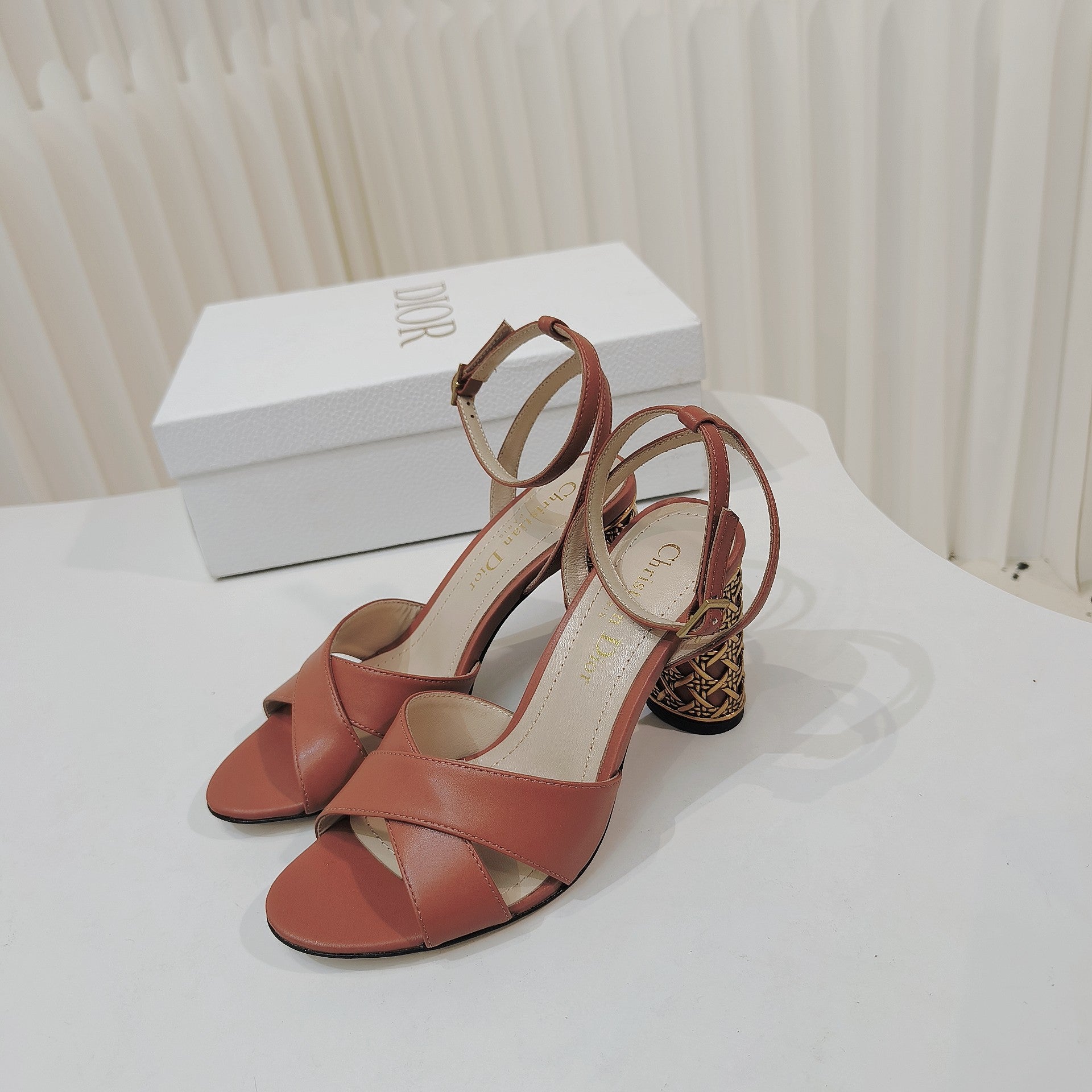 DIOR 26S METALLIC-HEEL SANDALS 80 MM IN BURNT ORANGE LAMBSKIN
