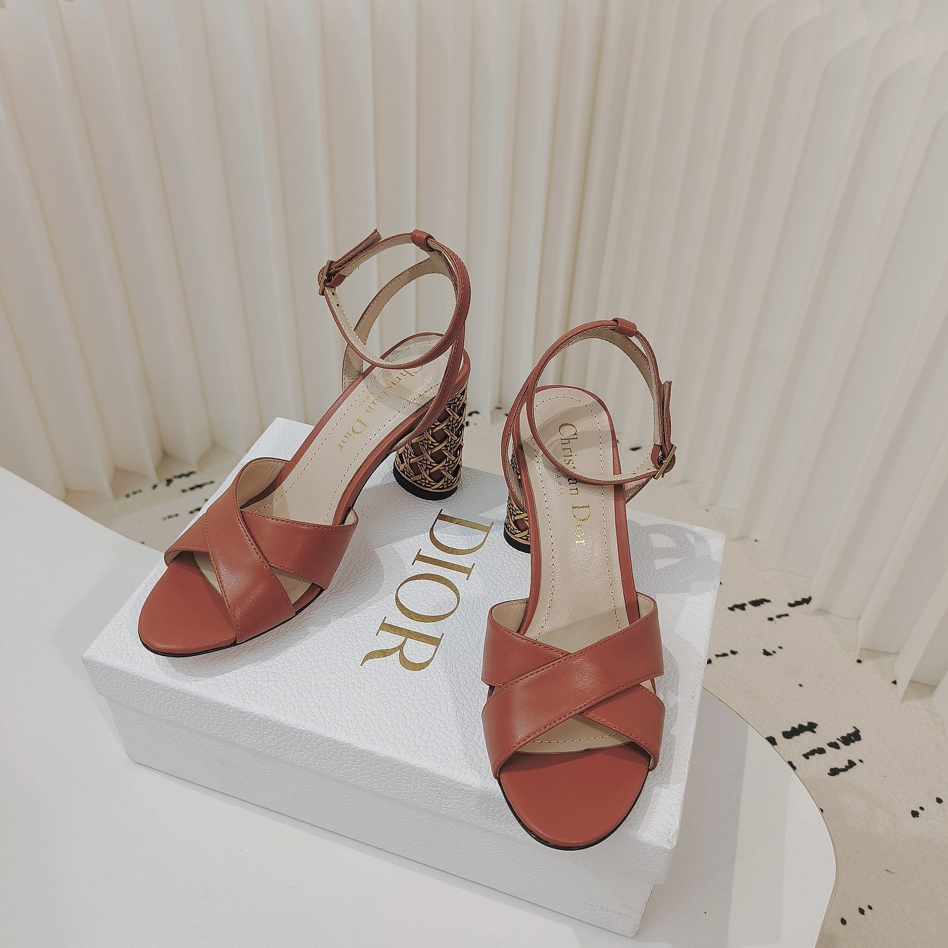 DIOR 26S METALLIC-HEEL SANDALS 80 MM IN BURNT ORANGE LAMBSKIN