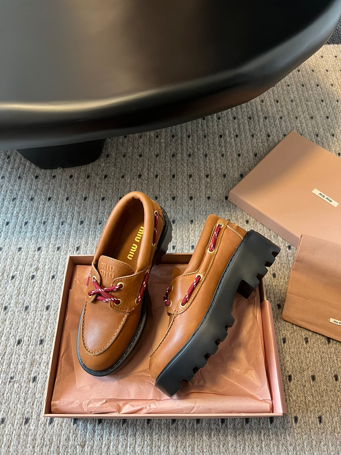 MIUMIU 26S CHUNKY SOLE LOAFERS IN TAN BROWN CALFSKIN