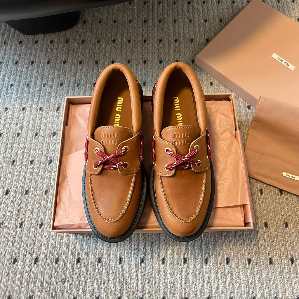 MIUMIU 26S CHUNKY SOLE LOAFERS IN TAN BROWN CALFSKIN