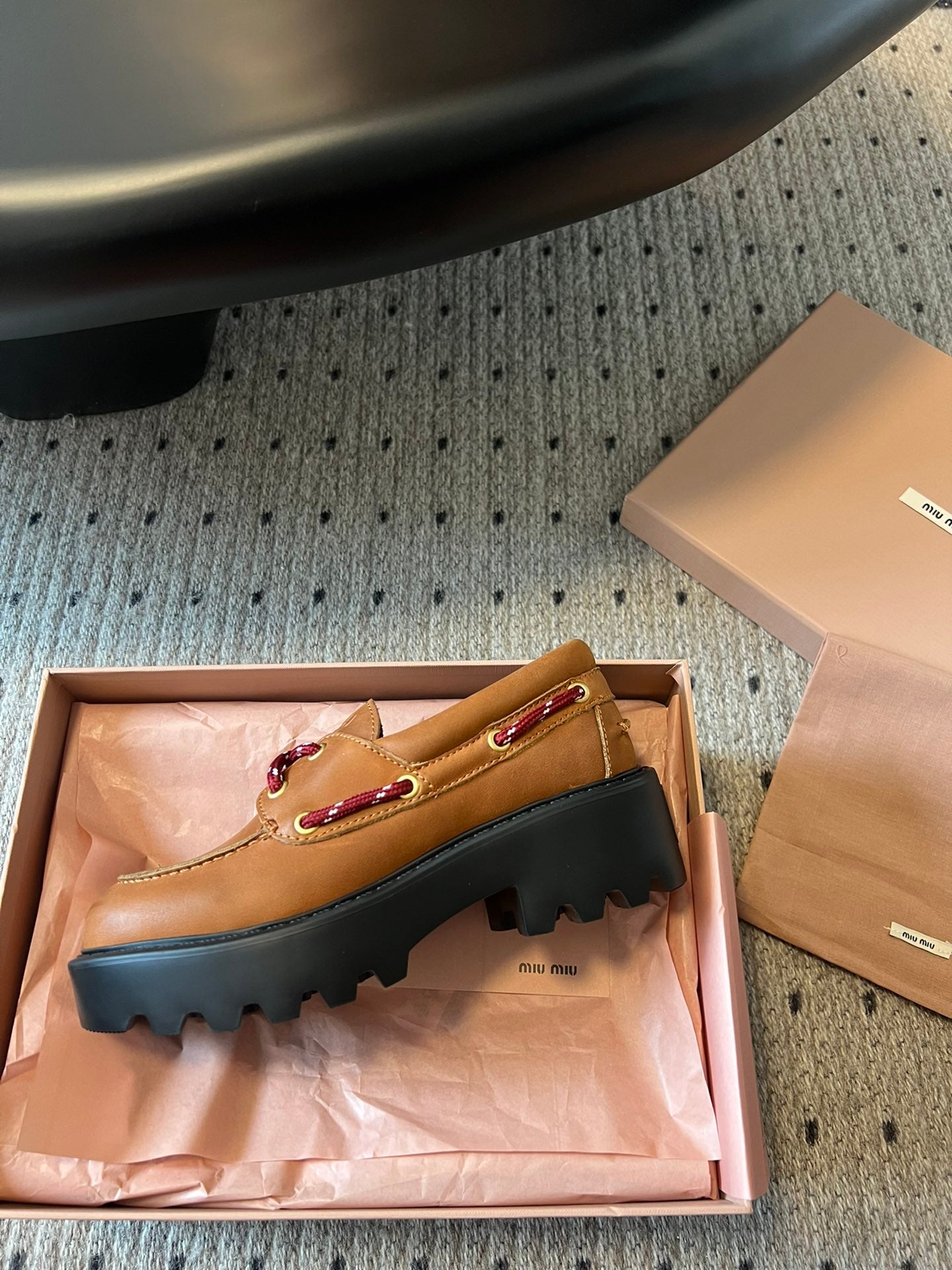 MIUMIU 26S CHUNKY SOLE LOAFERS IN TAN BROWN CALFSKIN