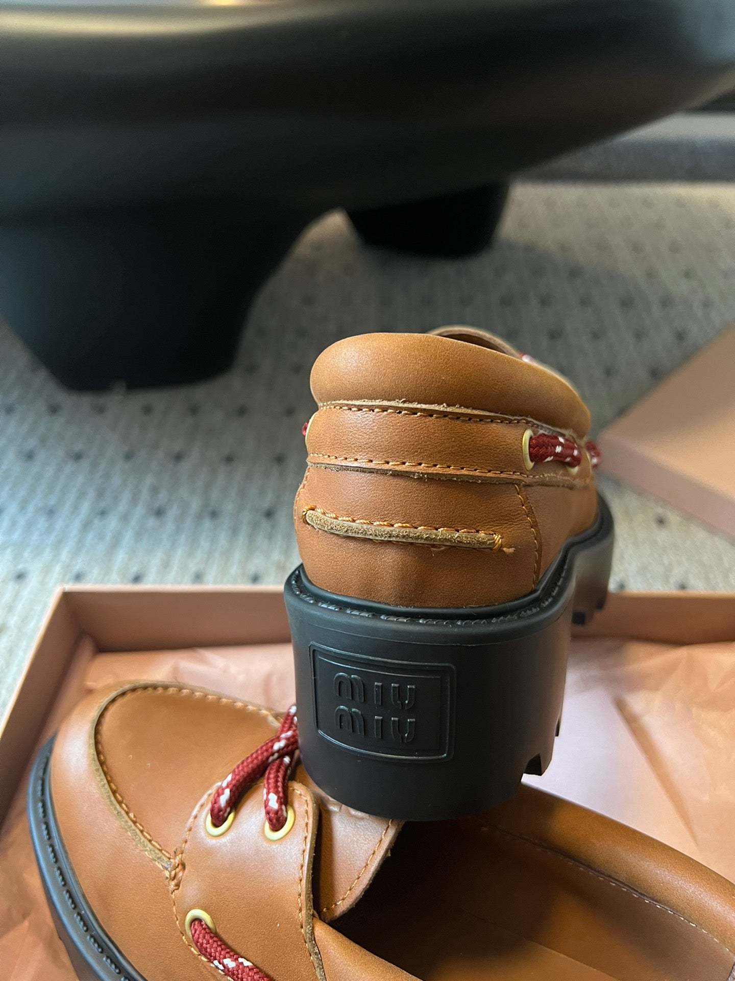MIUMIU 26S CHUNKY SOLE LOAFERS IN TAN BROWN CALFSKIN