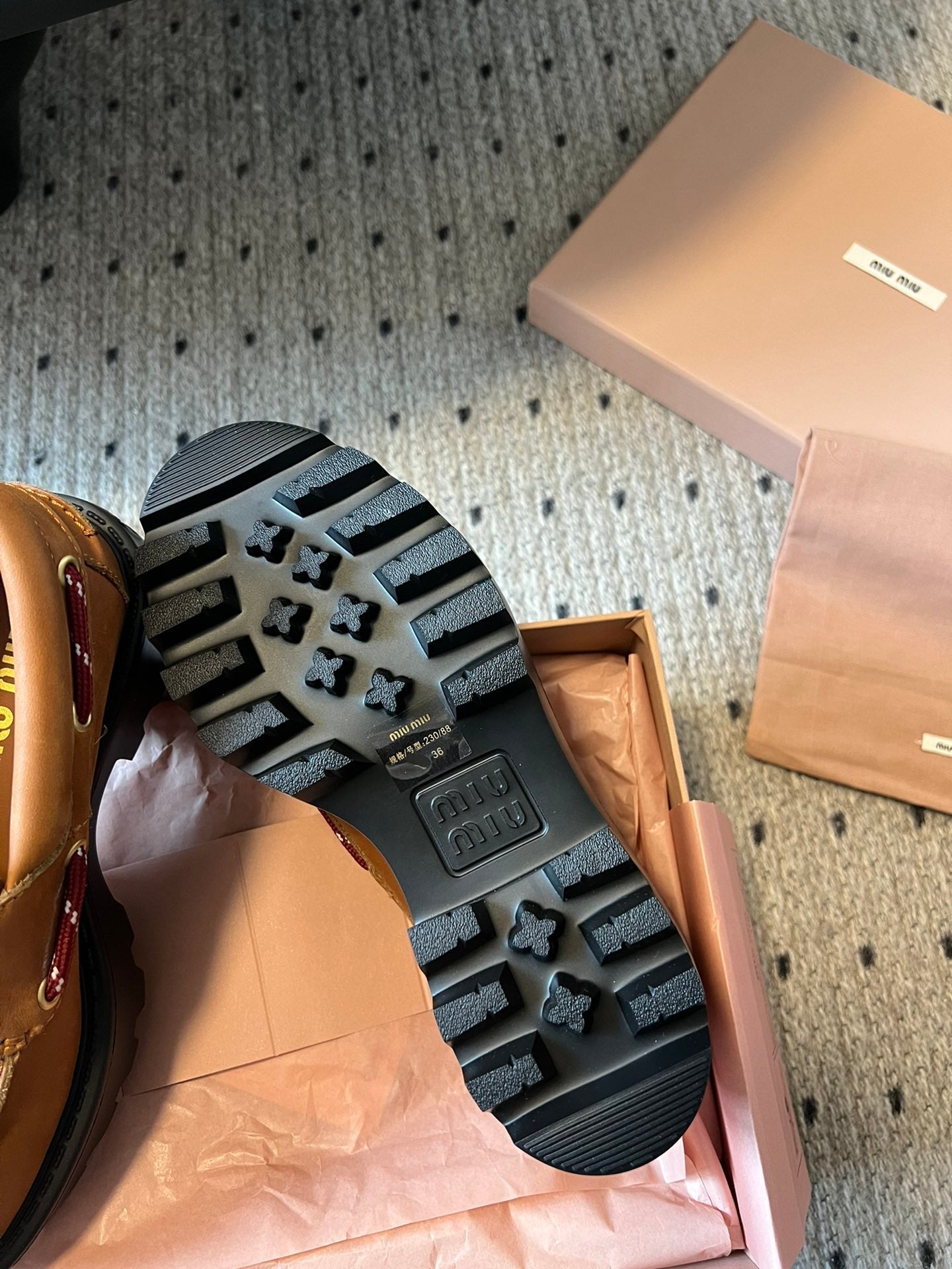 MIUMIU 26S CHUNKY SOLE LOAFERS IN TAN BROWN CALFSKIN