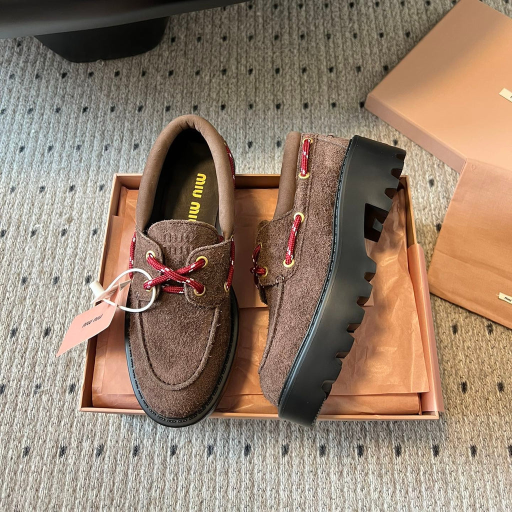 MIUMIU 26S CHUNKY SOLE LOAFERS IN DARK BROWN SUEDE