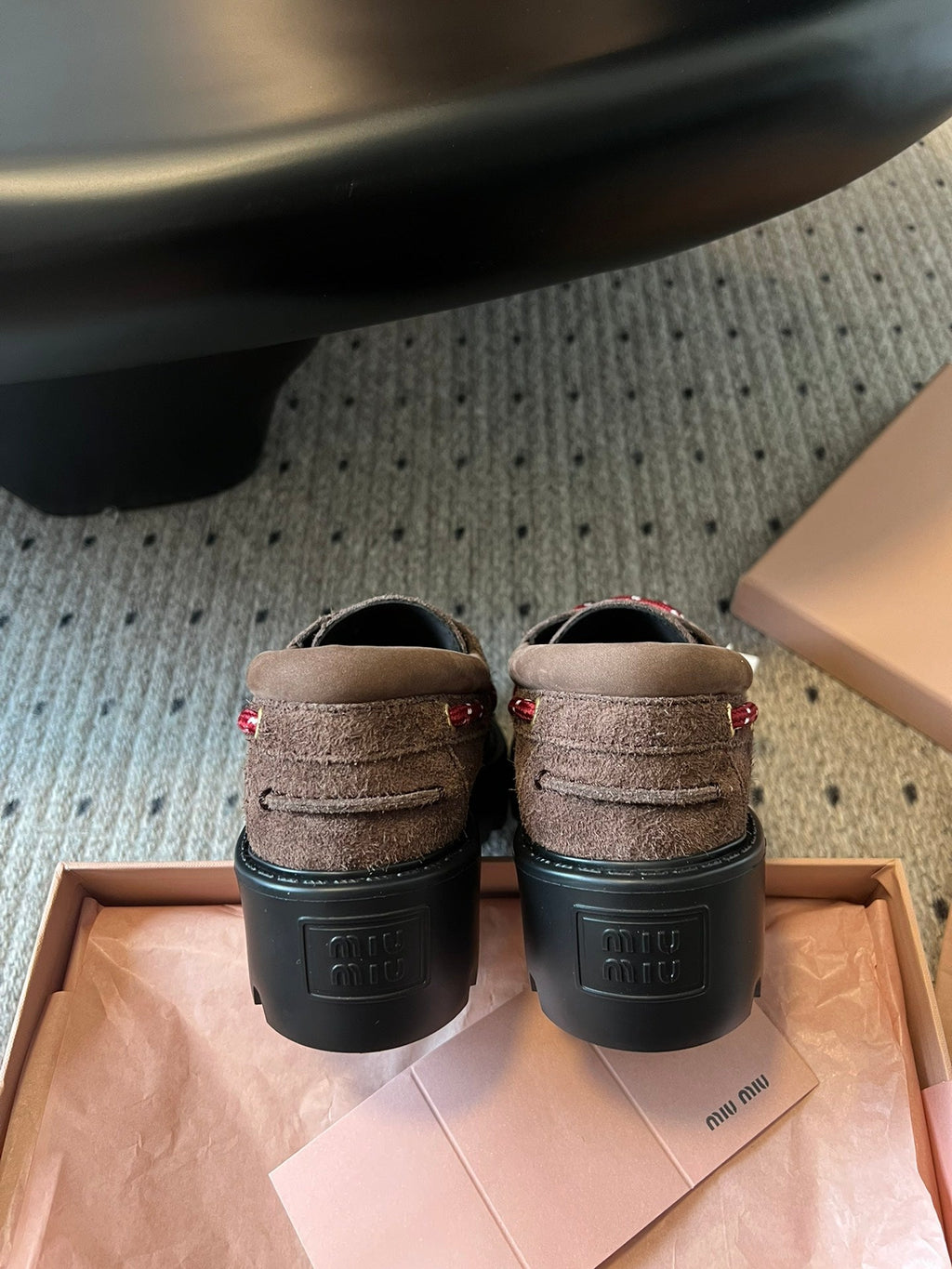 MIUMIU 26S CHUNKY SOLE LOAFERS IN DARK BROWN SUEDE