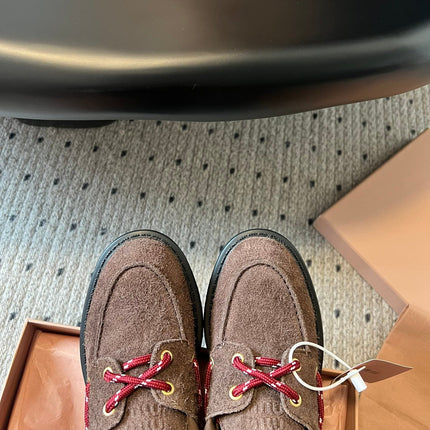 MIUMIU 26S CHUNKY SOLE LOAFERS IN DARK BROWN SUEDE