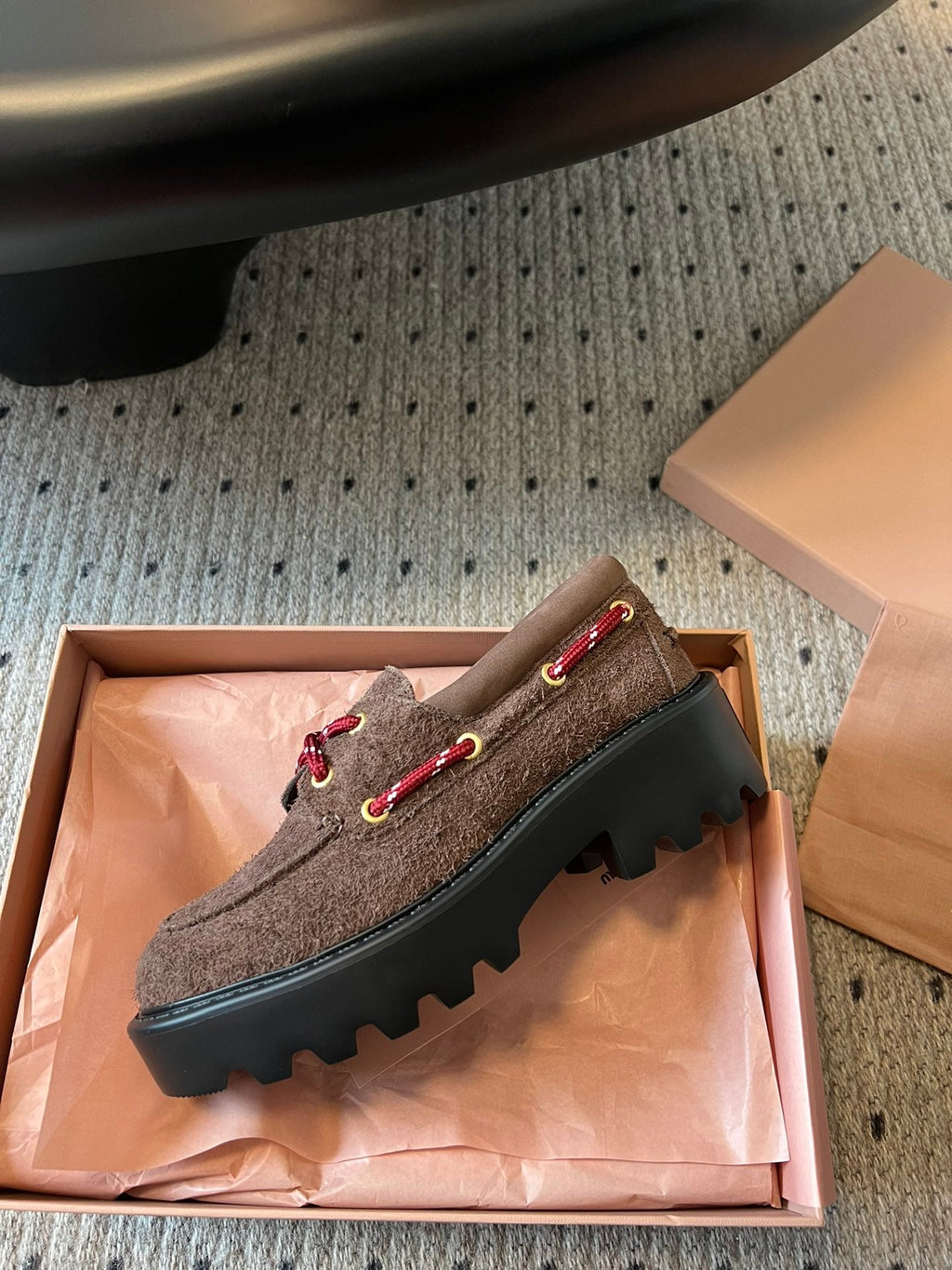 MIUMIU 26S CHUNKY SOLE LOAFERS IN DARK BROWN SUEDE