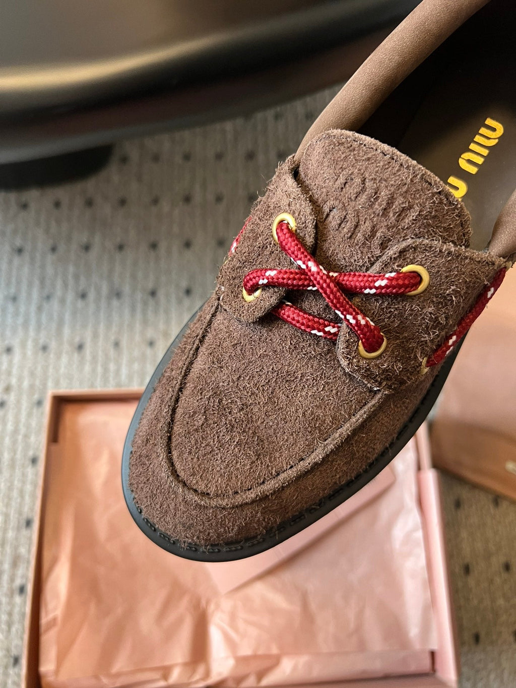 MIUMIU 26S CHUNKY SOLE LOAFERS IN DARK BROWN SUEDE