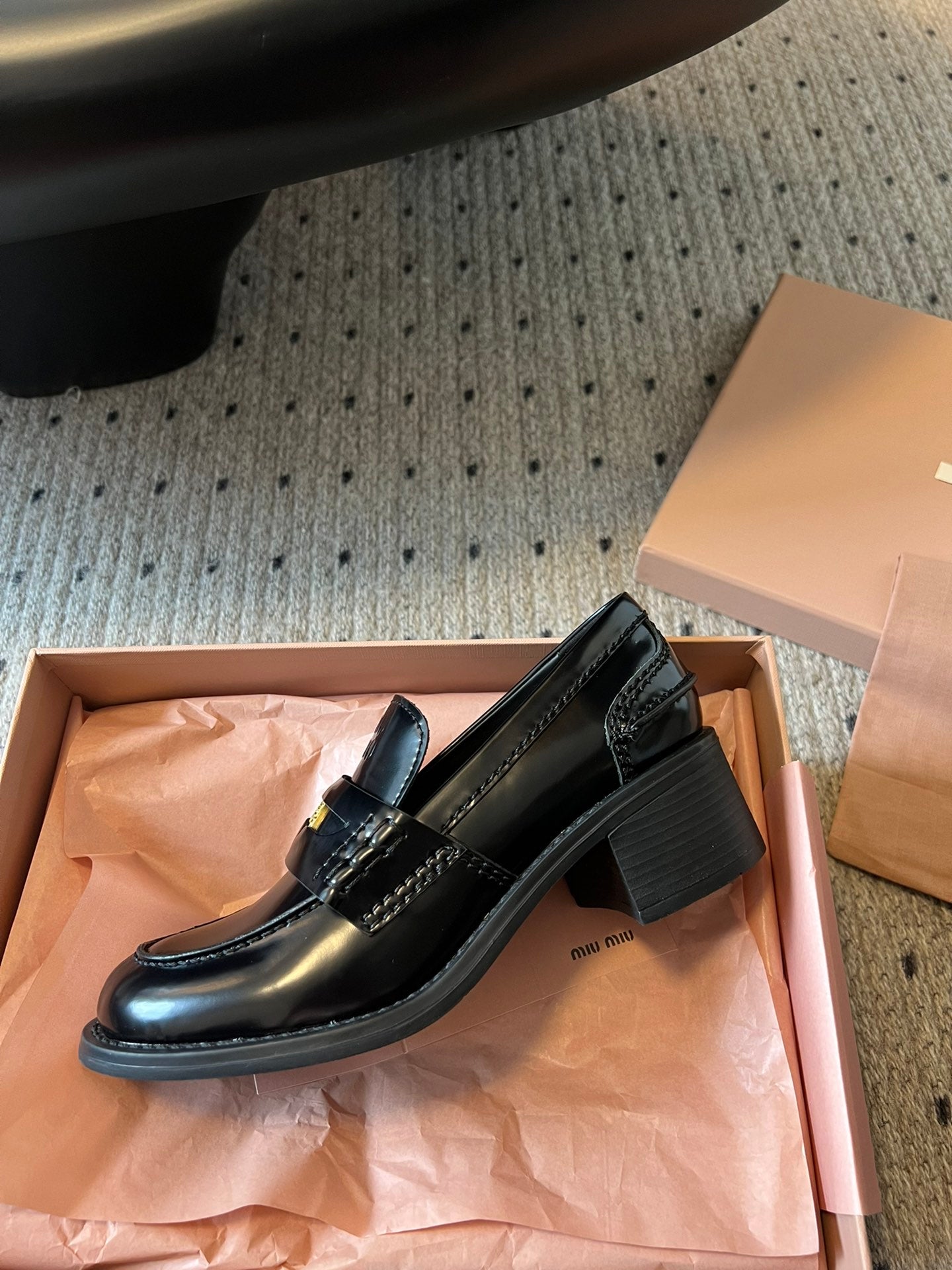 MIUMIU 26S LOAFERS 60MM IN BLACK SHINY CALFSKIN