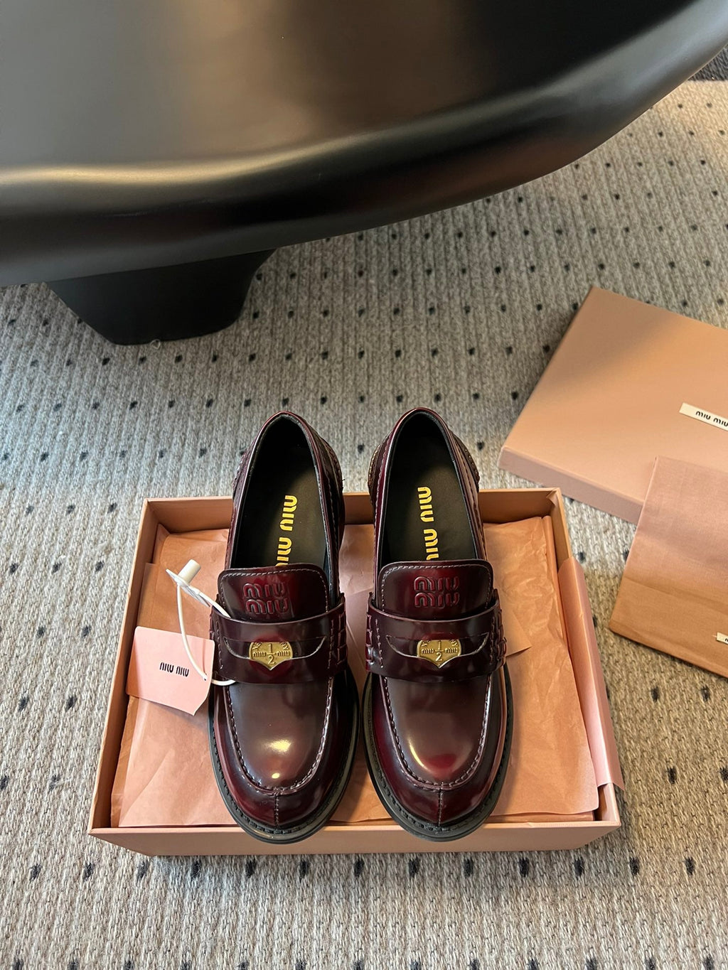 MIUMIU 26S LOAFERS 60MM IN BURGUNDY BROWN SHINY CALFSKIN