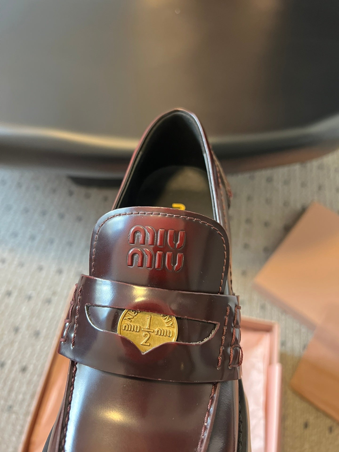 MIUMIU 26S LOAFERS 60MM IN BURGUNDY BROWN SHINY CALFSKIN