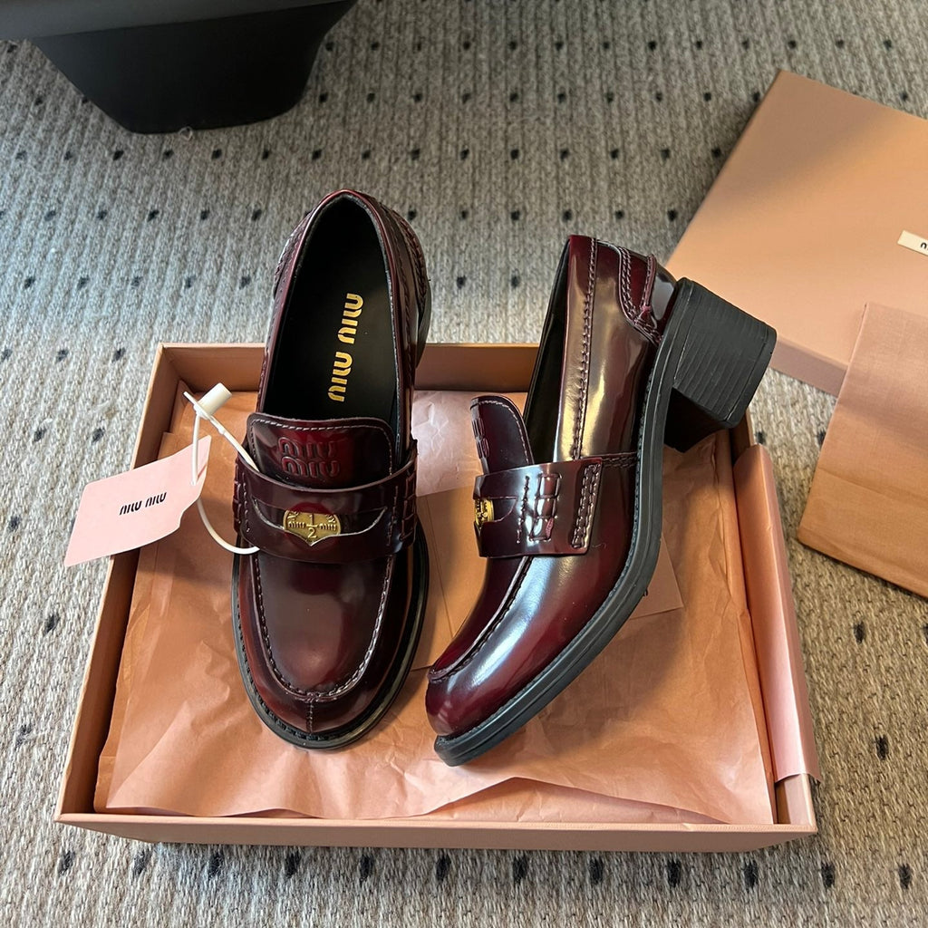 MIUMIU 26S LOAFERS 60MM IN BURGUNDY BROWN SHINY CALFSKIN