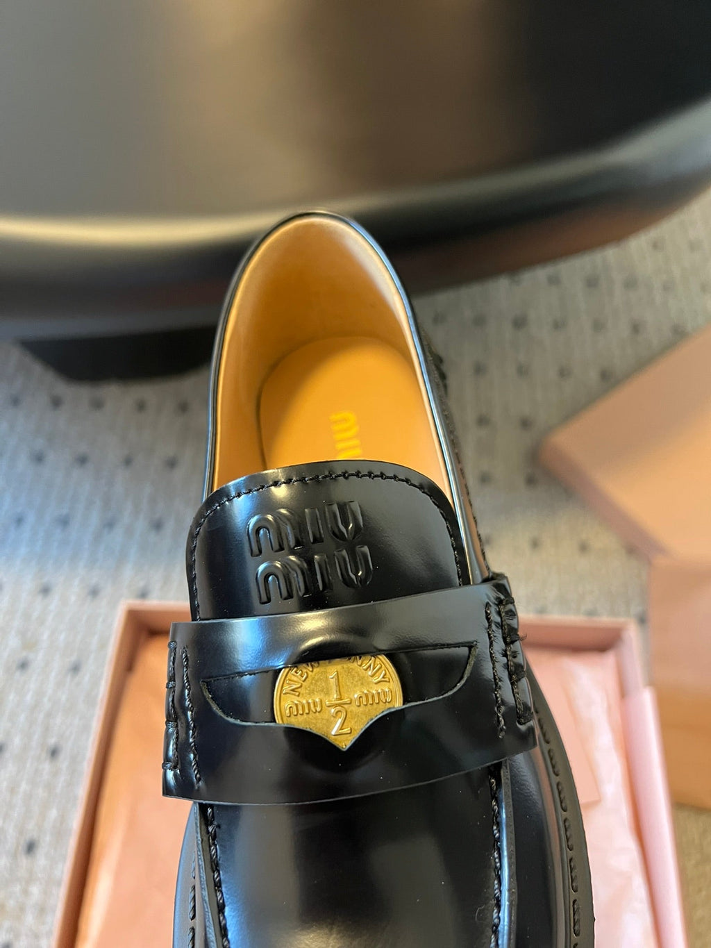 MIUMIU 26S PENNY LOAFERS IN BLACK SHINY CALFSKIN