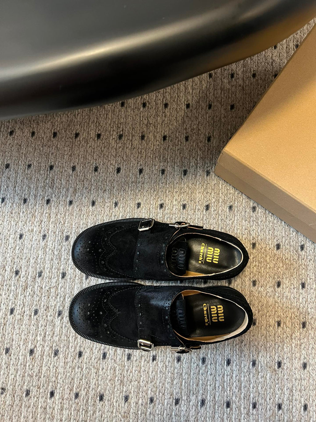 MIUMIU 26S LACE-UP BROGUE LOAFERS IN BLACK SUEDE
