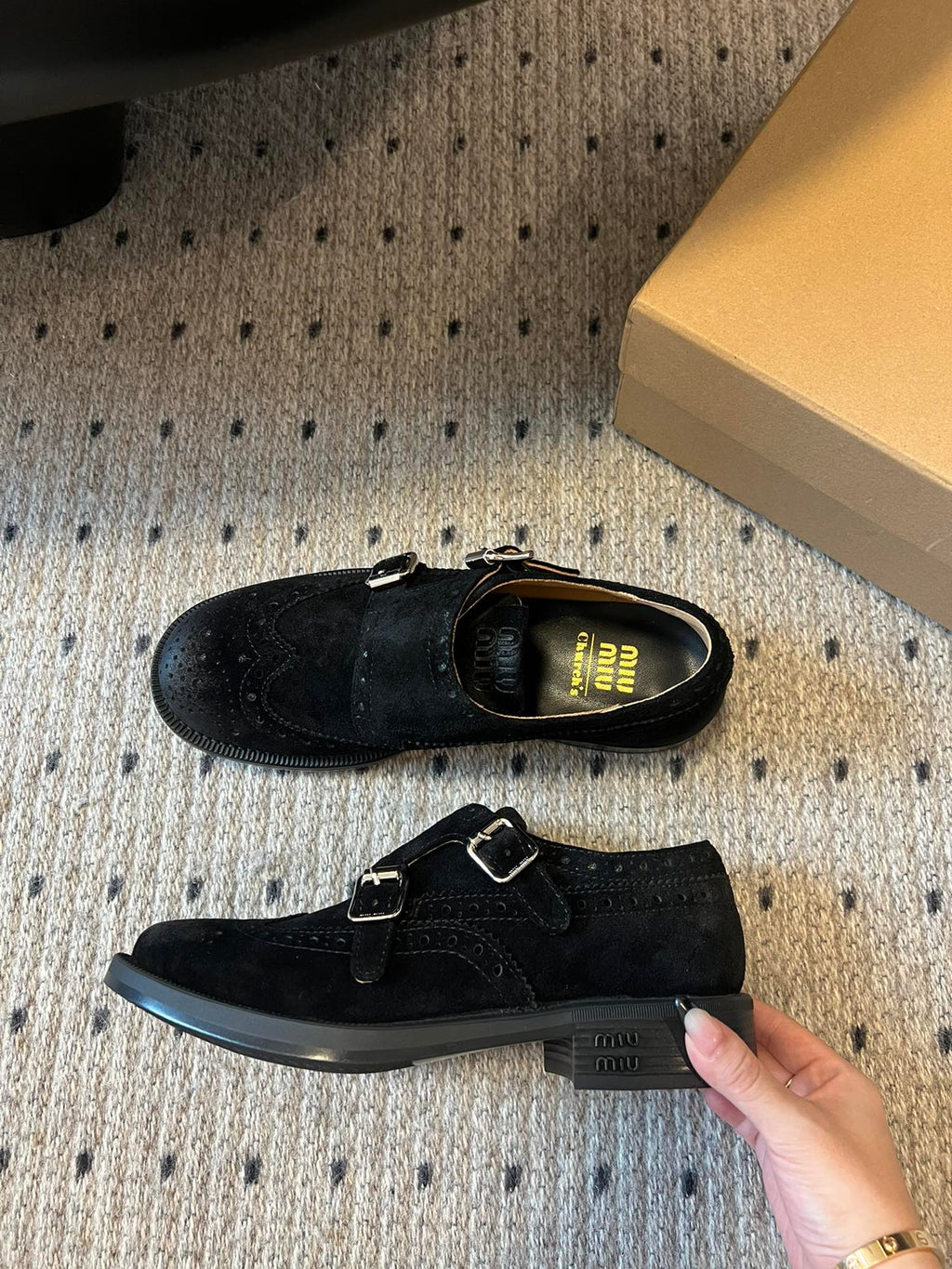 MIUMIU 26S LACE-UP BROGUE LOAFERS IN BLACK SUEDE
