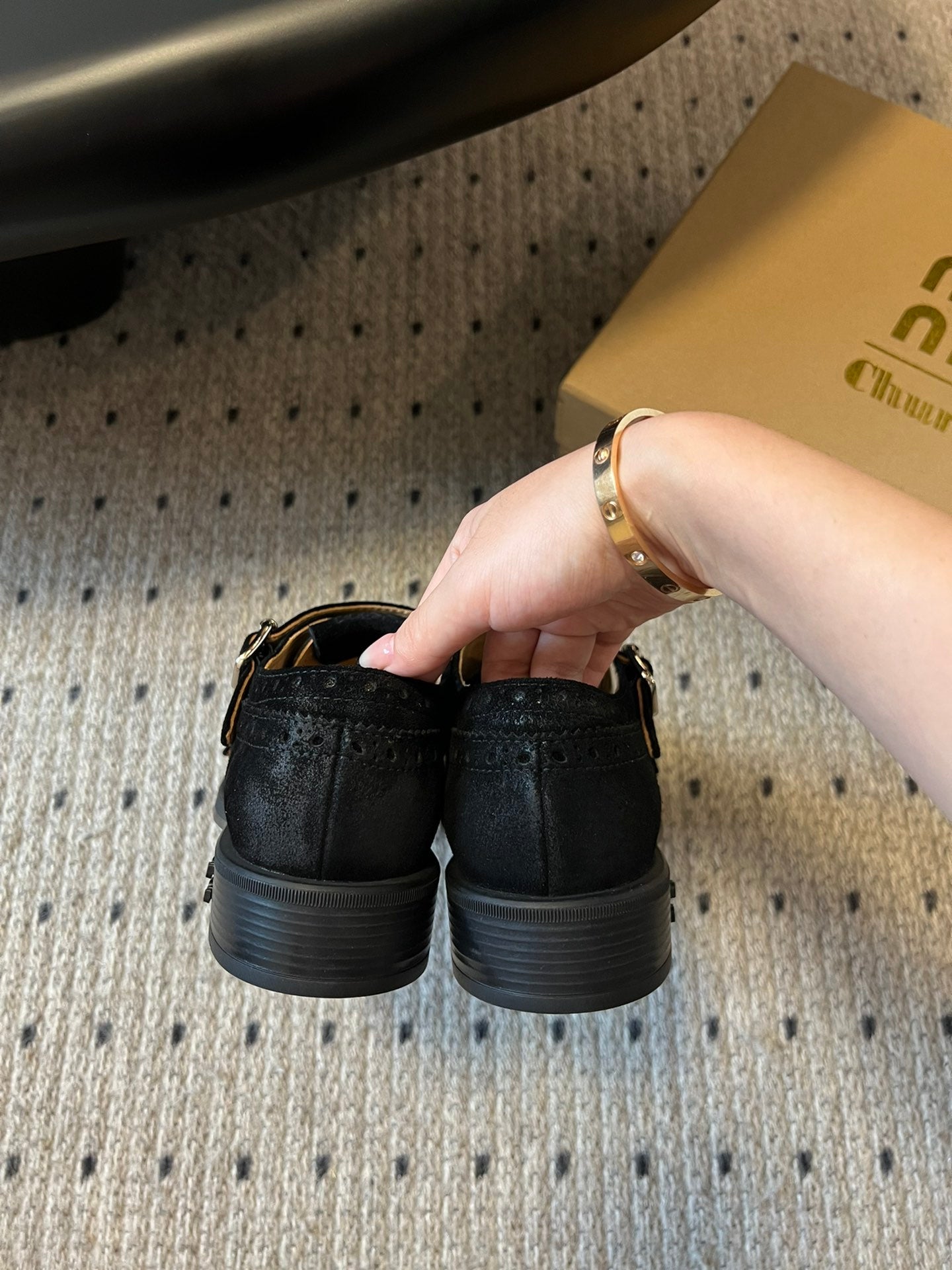 MIUMIU 26S LACE-UP BROGUE LOAFERS IN BLACK SUEDE