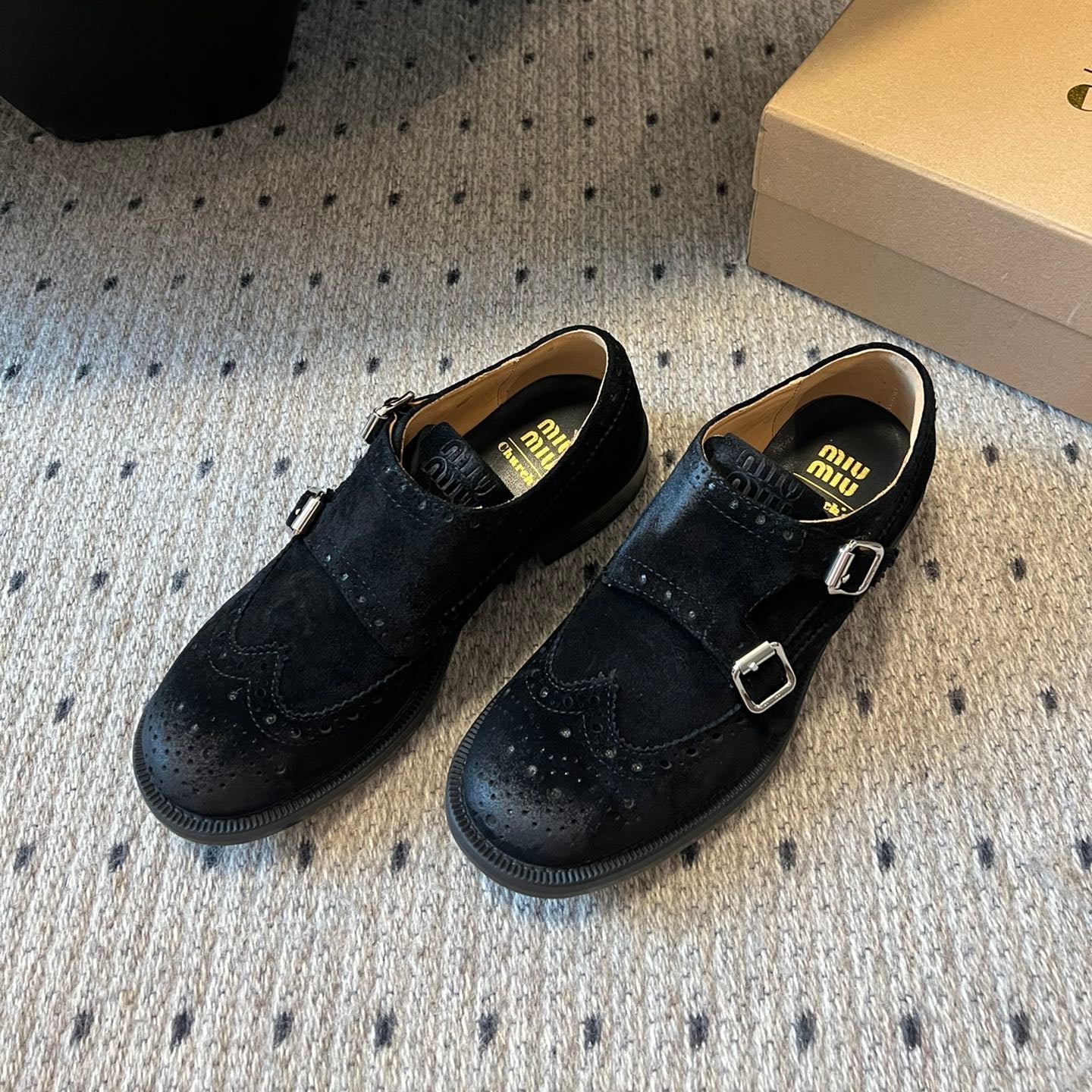 MIUMIU 26S LACE-UP BROGUE LOAFERS IN BLACK SUEDE