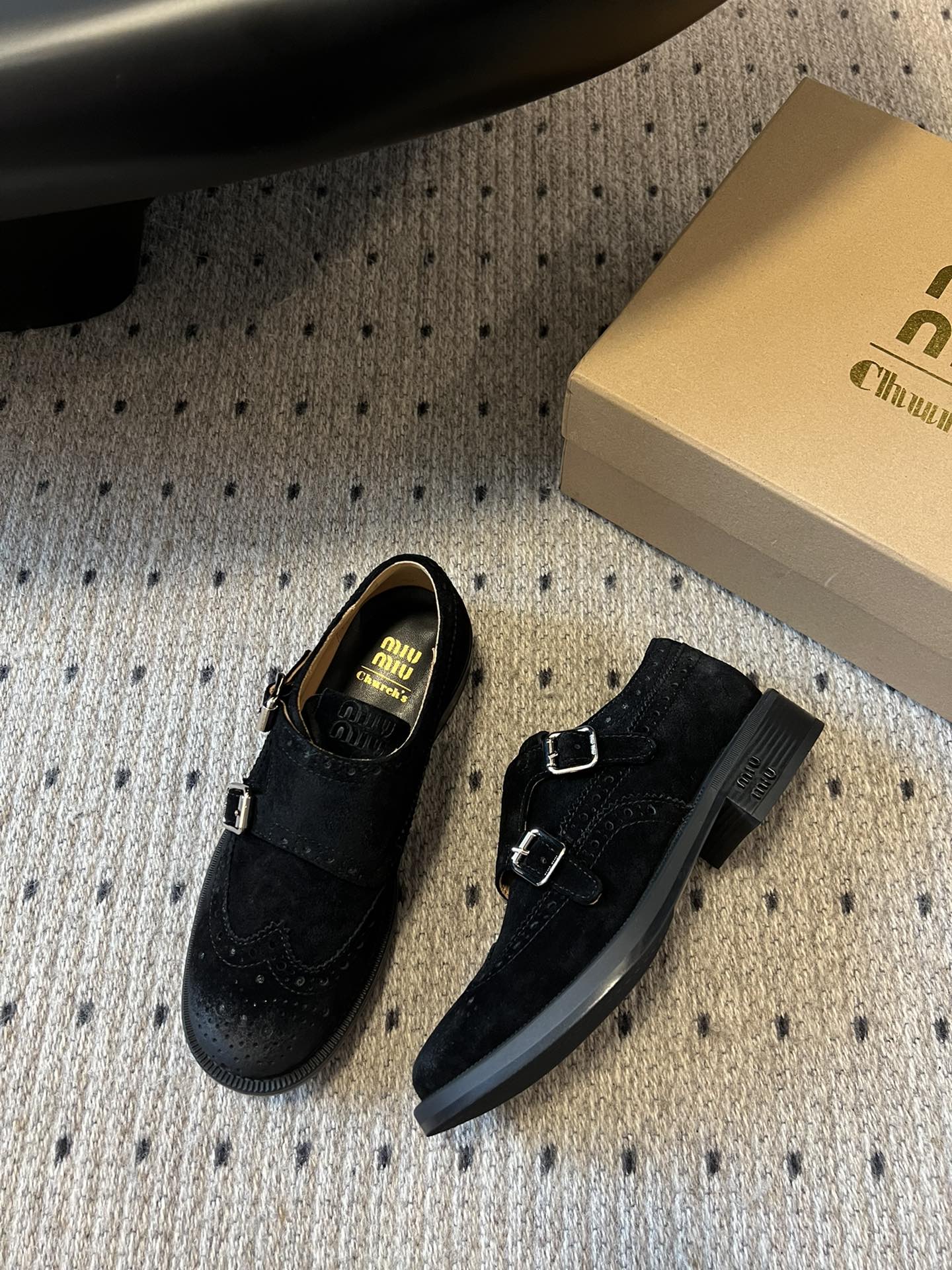 MIUMIU 26S LACE-UP BROGUE LOAFERS IN BLACK SUEDE