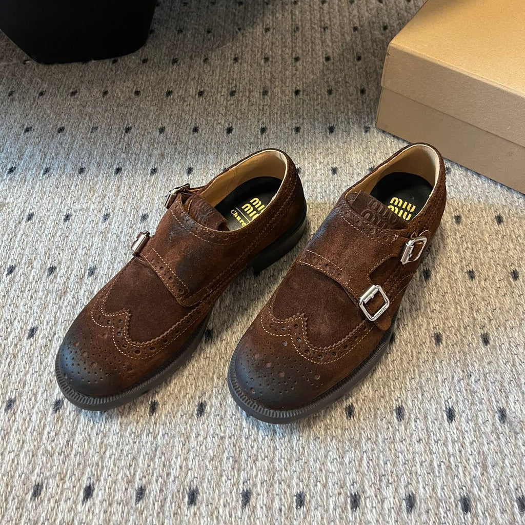 MIUMIU 26S LACE-UP BROGUE LOAFERS IN CHOCOLATE BROWN SUEDE