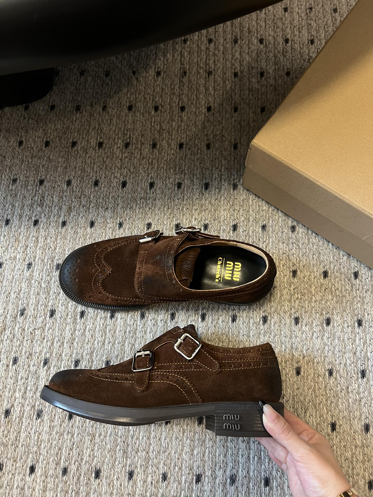 MIUMIU 26S LACE-UP BROGUE LOAFERS IN CHOCOLATE BROWN SUEDE