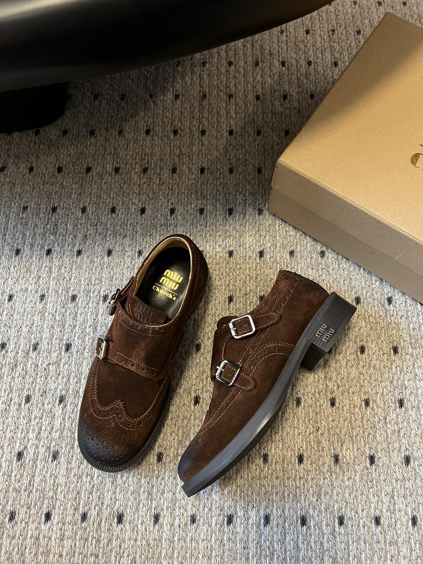 MIUMIU 26S LACE-UP BROGUE LOAFERS IN CHOCOLATE BROWN SUEDE